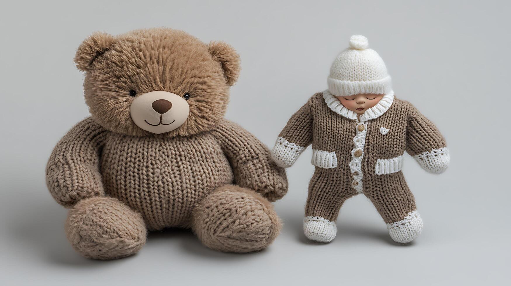 A teddy bear and a baby doll photo
