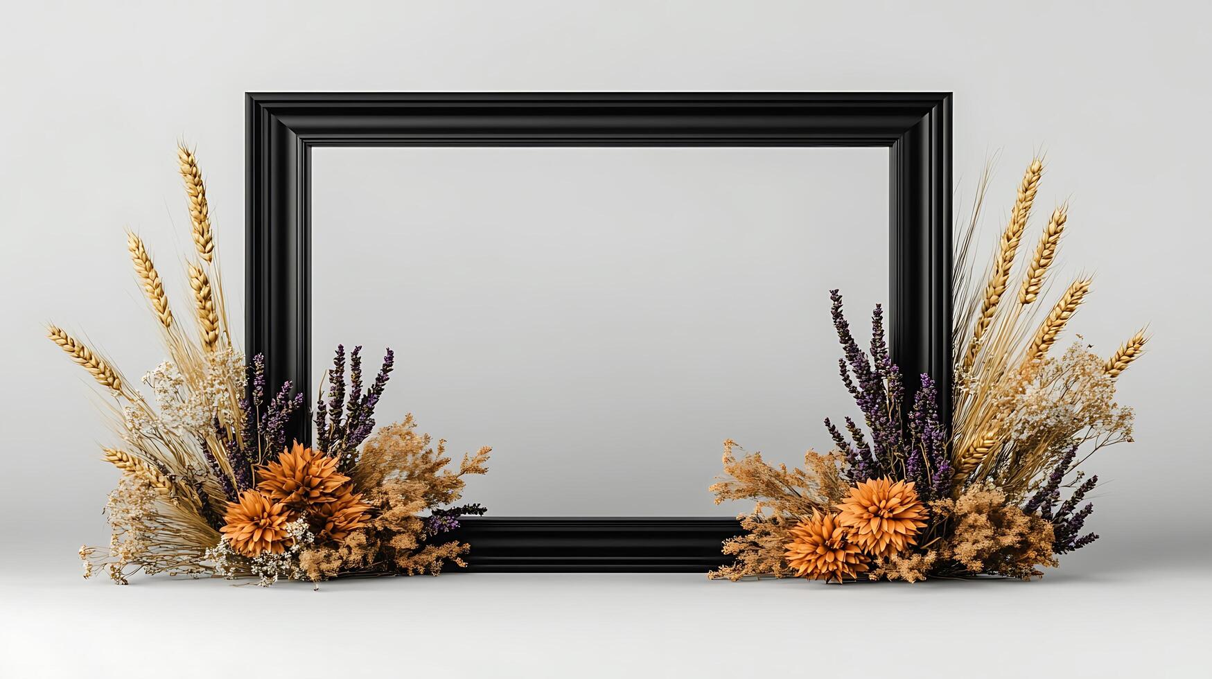 A black frame with dried flowers and wheat on a white background photo