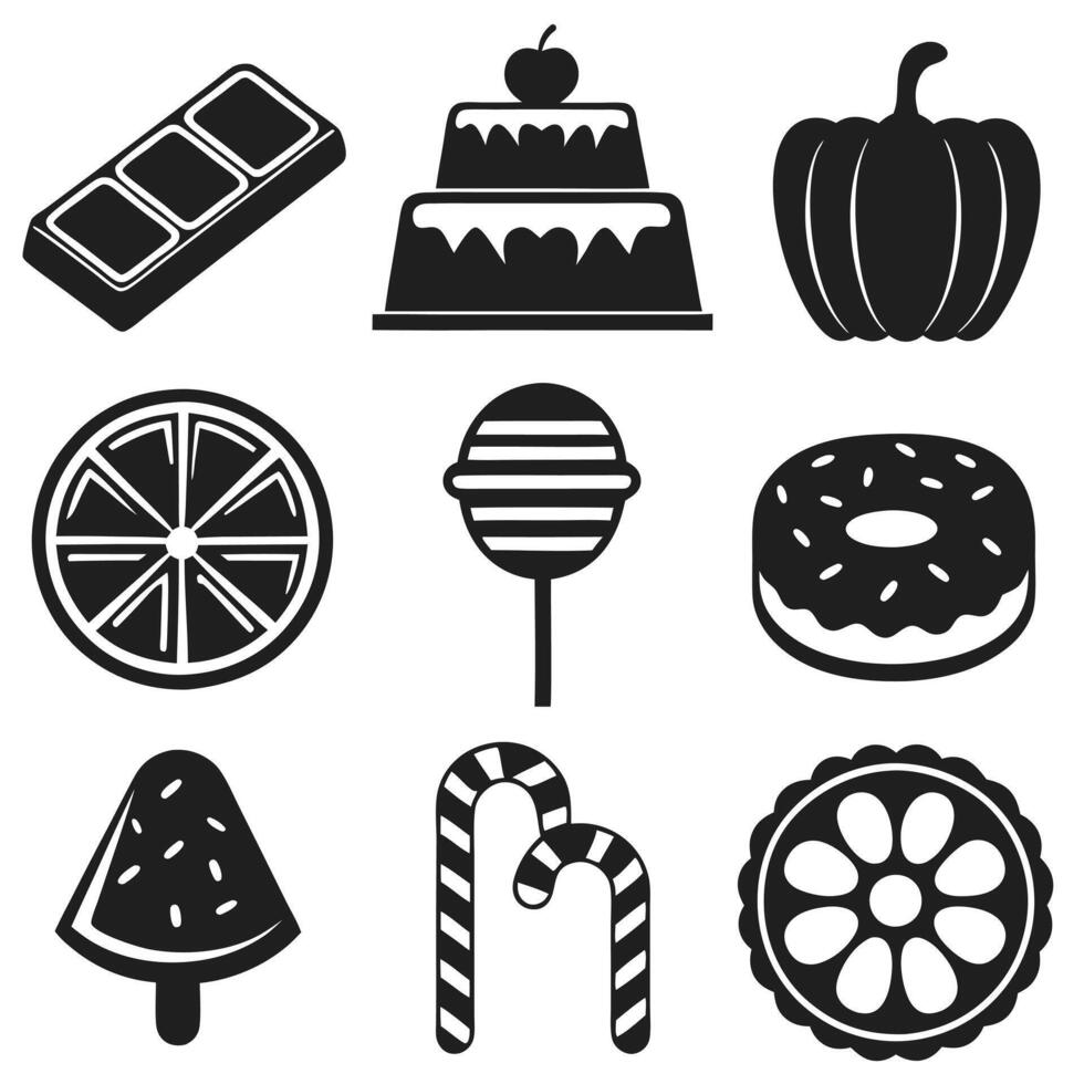 Minimalist Dessert Symbols Black and White Icon Collection. vector
