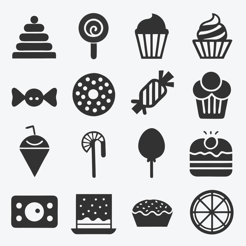 Black and White Dessert Icons Simple Minimalist Symbols. vector