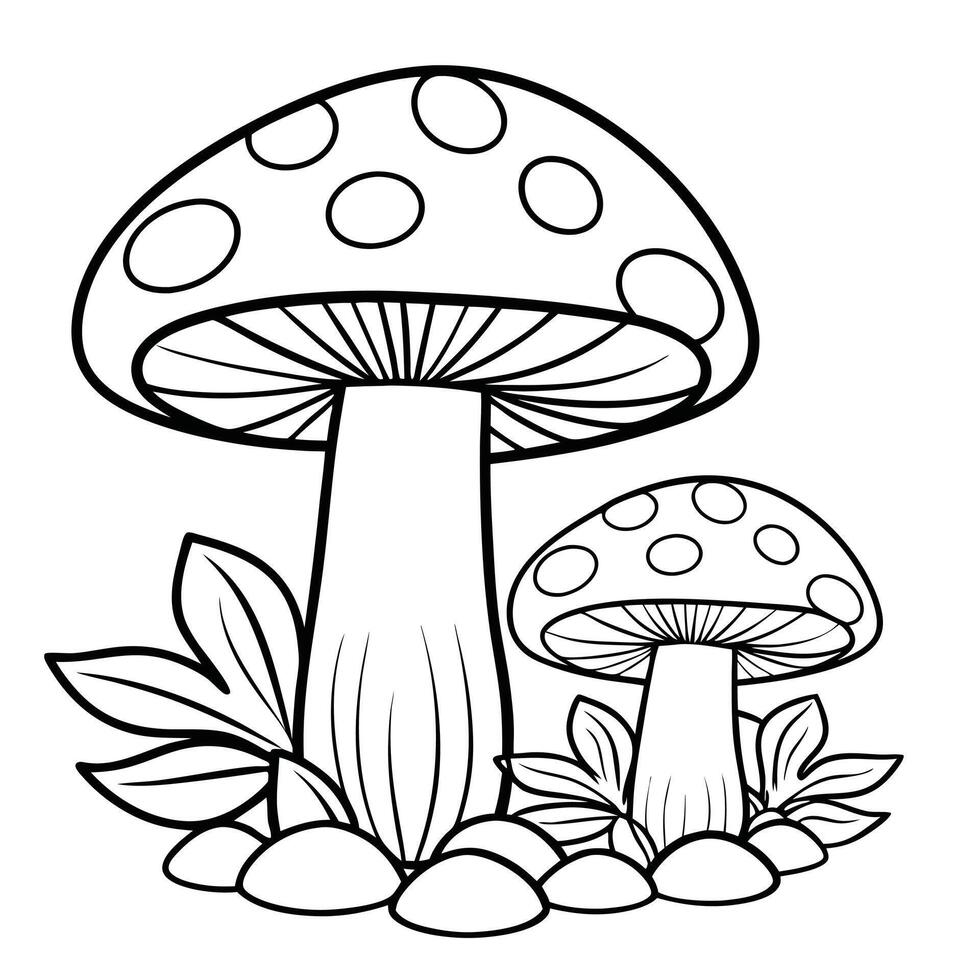 Detailed Line Drawing Two Mushrooms With Spotted Caps. vector