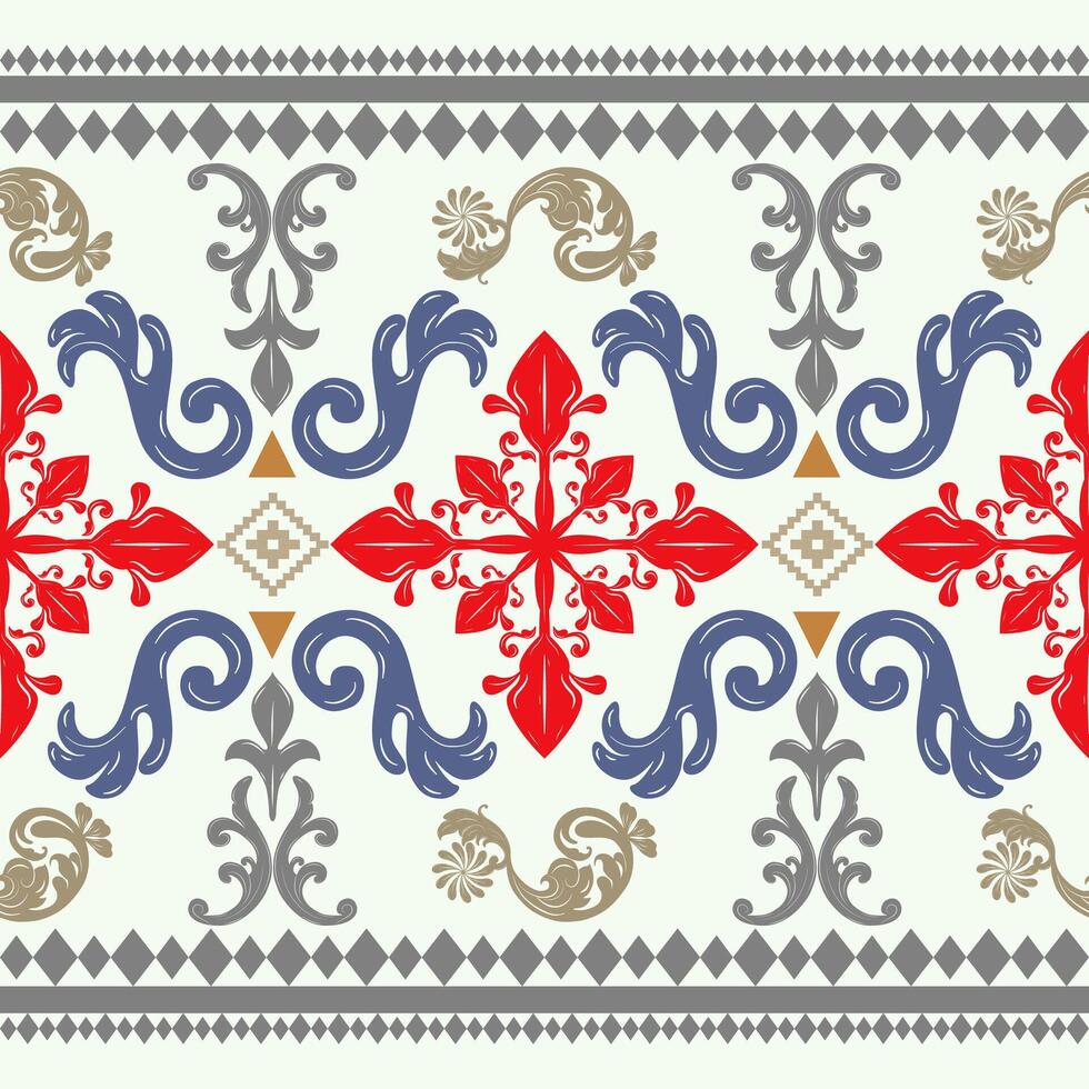 Exotic Fleur de lis Geometric Detailed Royal Silk Weaves Exquisitely Border Pattern. Vintage Powerful Delicate Scroll Ornament Embroidery Contrast Gold Navy Red on Light Blue Pastel Background. vector