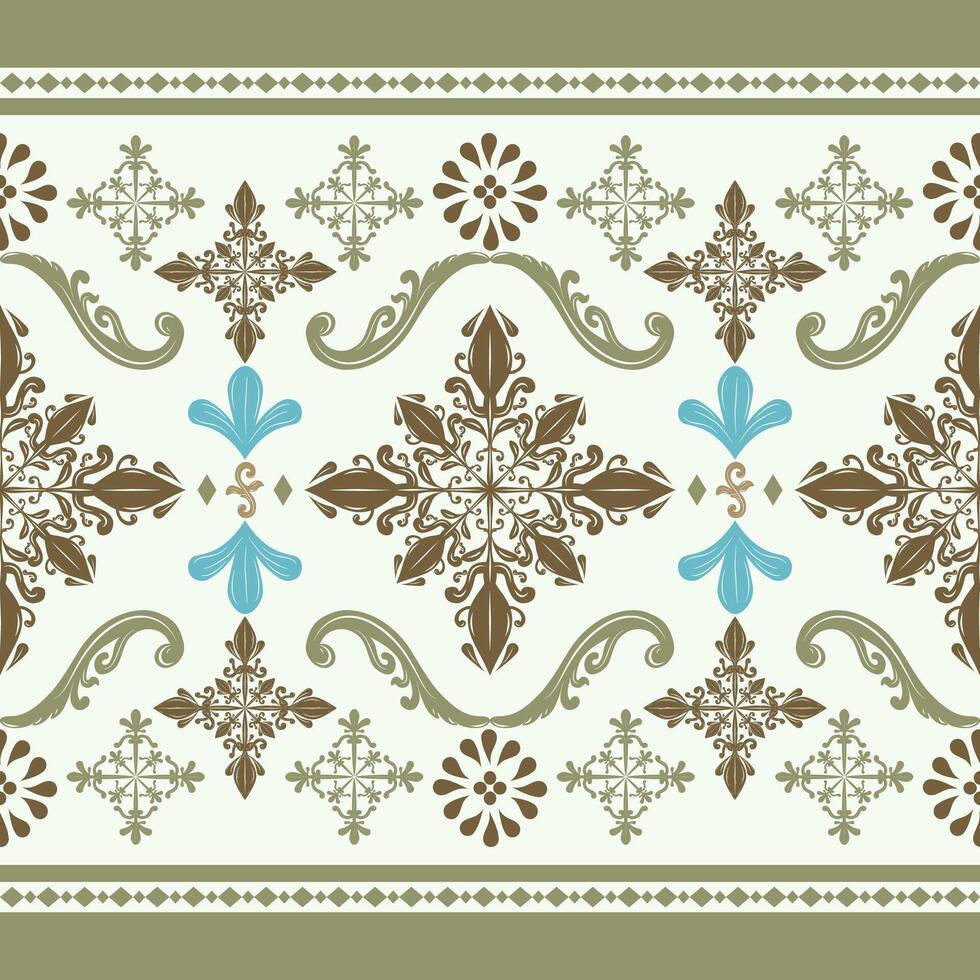 Grandiose Luxury Scroll Ornament Brown Embroidery Rich Border. Elegance Freak Seamless Pattern Florals Petals Design on Green Khaki Background Elaborate Decoration Silk Weaves Fabrics Wallpaper vector