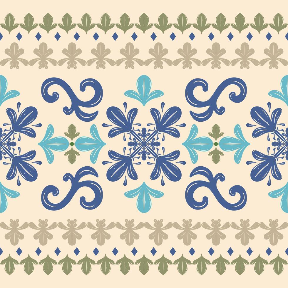 Beautiful Adorable Silk Weaves Embroidery illustration Pattern. Royal Scroll Ornament Petals Blooming Flowers Seamless Elaborate Border Decoration. Detailed of Rich Wealth Opulence Classy Style vector