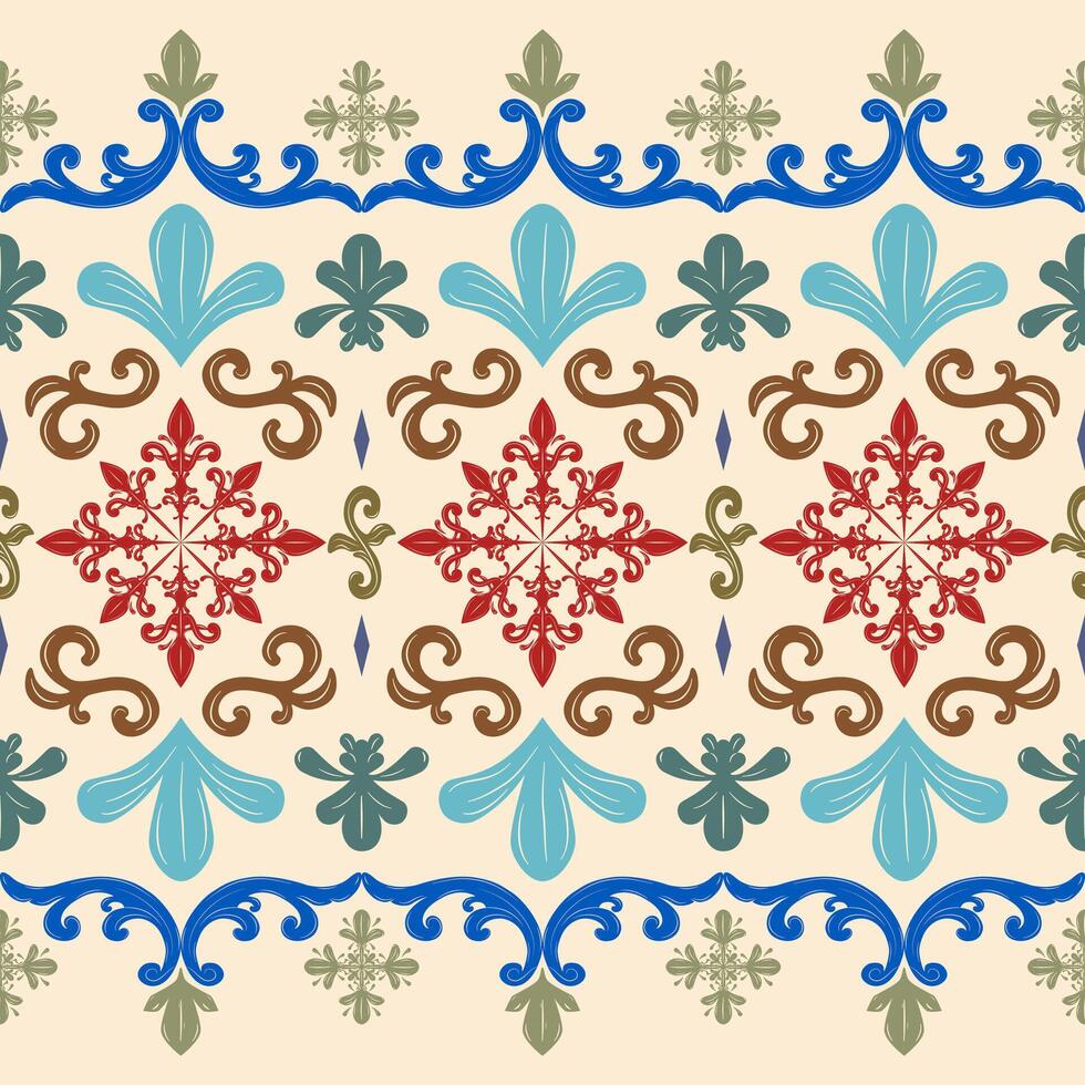 Royal Exquisitely Colorful Scroll Ornament Embroidery Silk Weaves on Beige Background. Magnificent Luxury Border Pattern Rich and Wealth Decoration Design for Wallpaper Clothes Apparel Carpet. vector