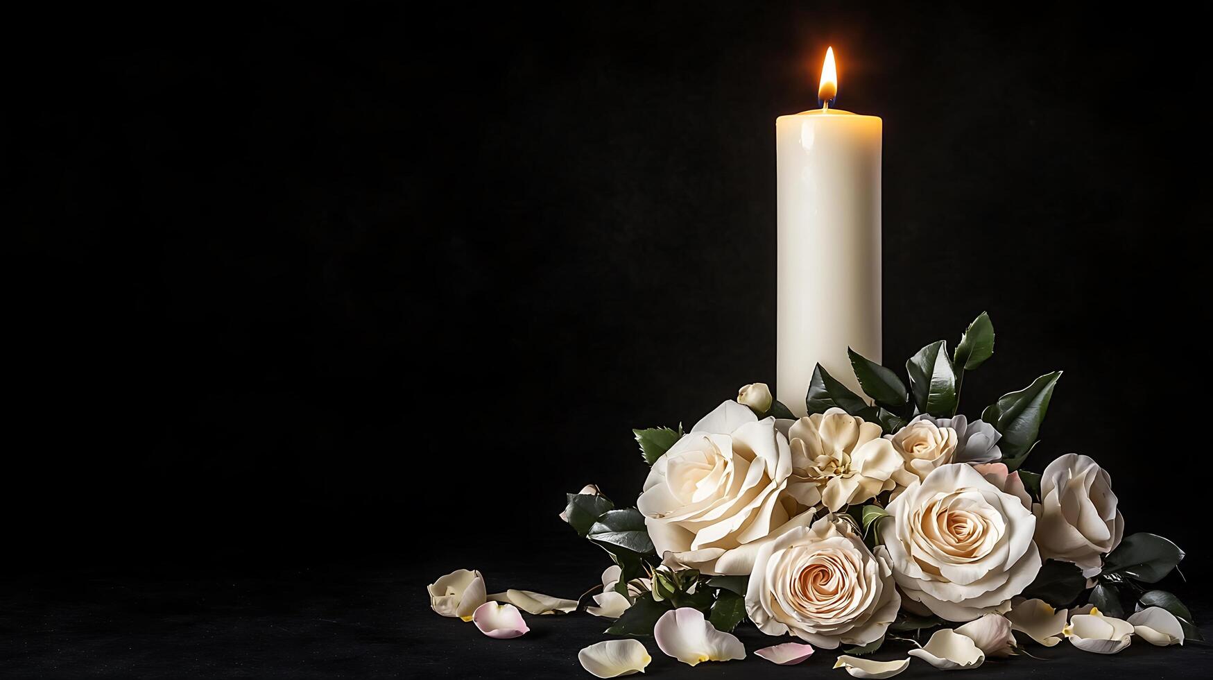 A candle and white roses are arranged on a black background photo