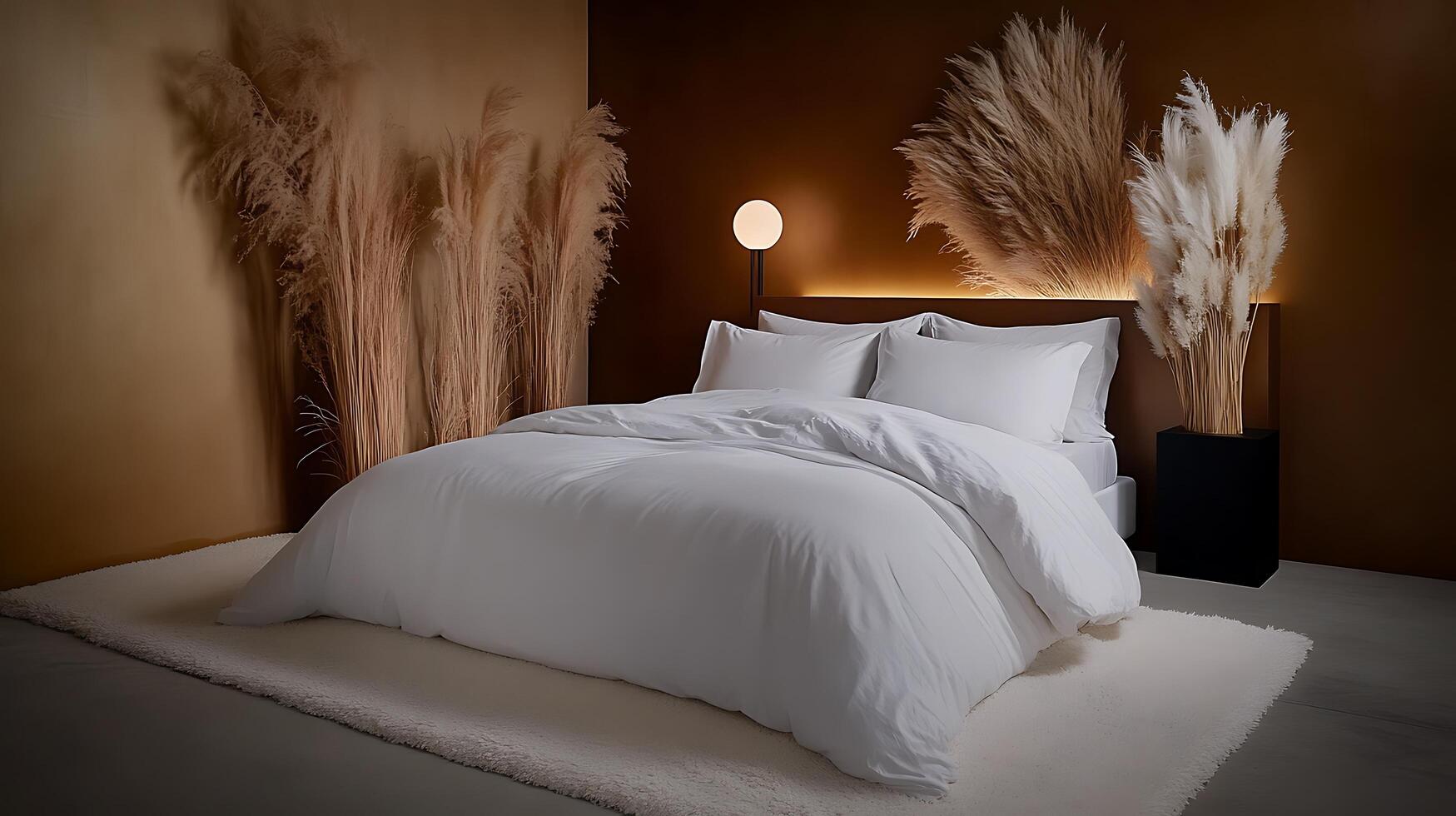 A bed with white sheets and pillows in a room photo
