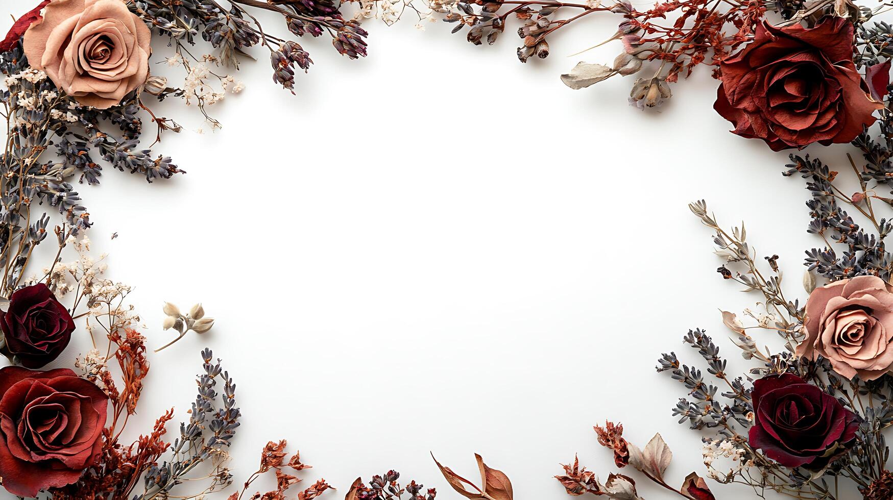 A wreath of dried flowers and leaves on a white surface photo