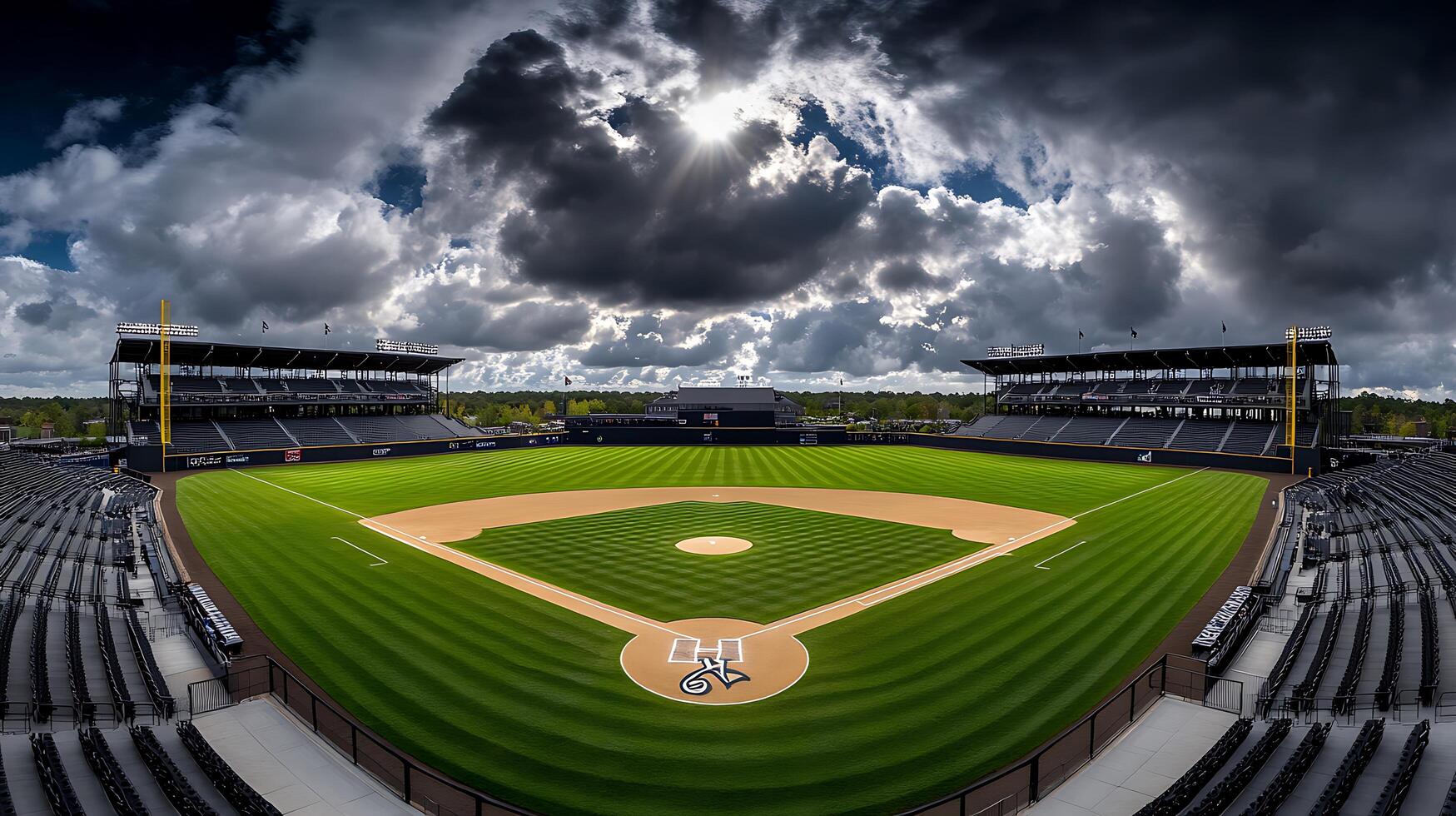 A baseball field with a cloudy sky and a stadium photo