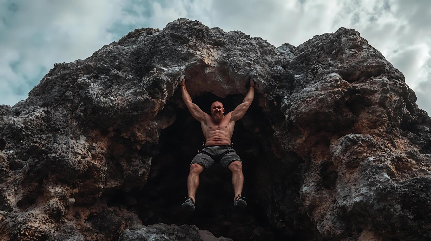 A man is climbing up a rock wall photo