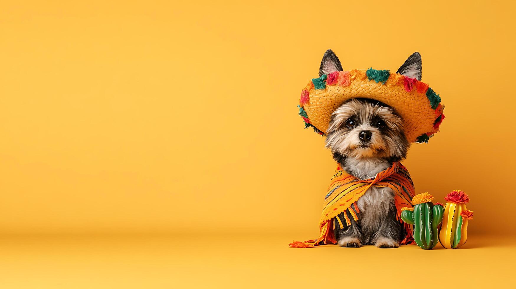 A small dog wearing a mexican sombrero and holding a gift photo