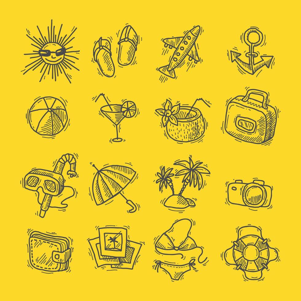 a set of hand drawn icons for summer vacation vector