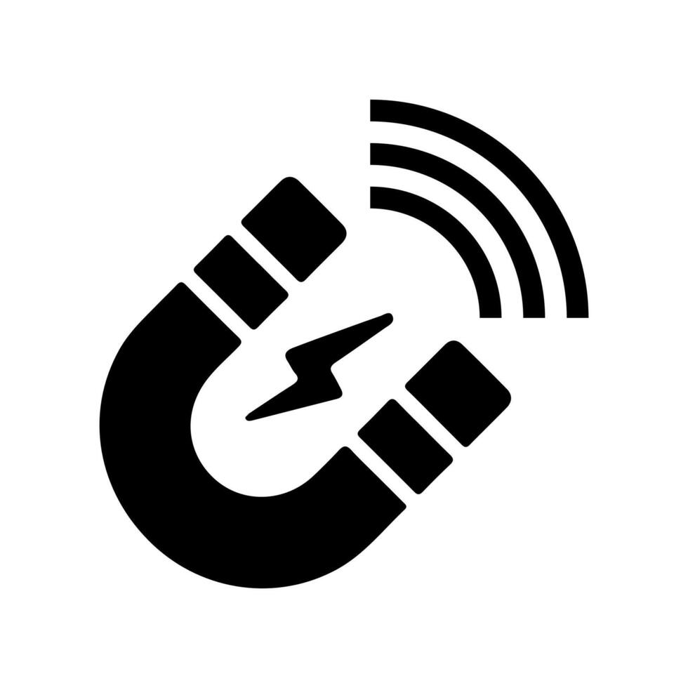Black icon featuring a magnet with a lightning bolt symbol. vector