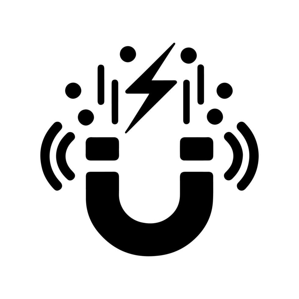 Black and white icon featuring a horseshoe magnet with a lightning bolt. vector