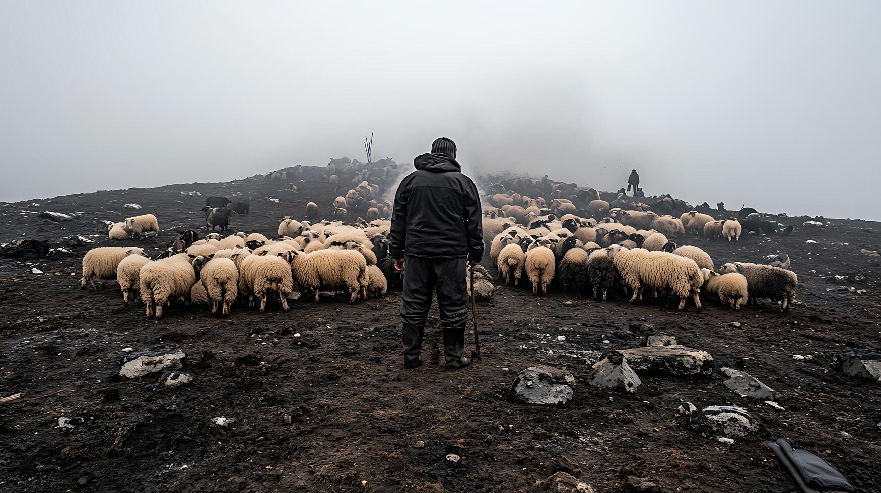 A man standing in front of a herd of sheep photo