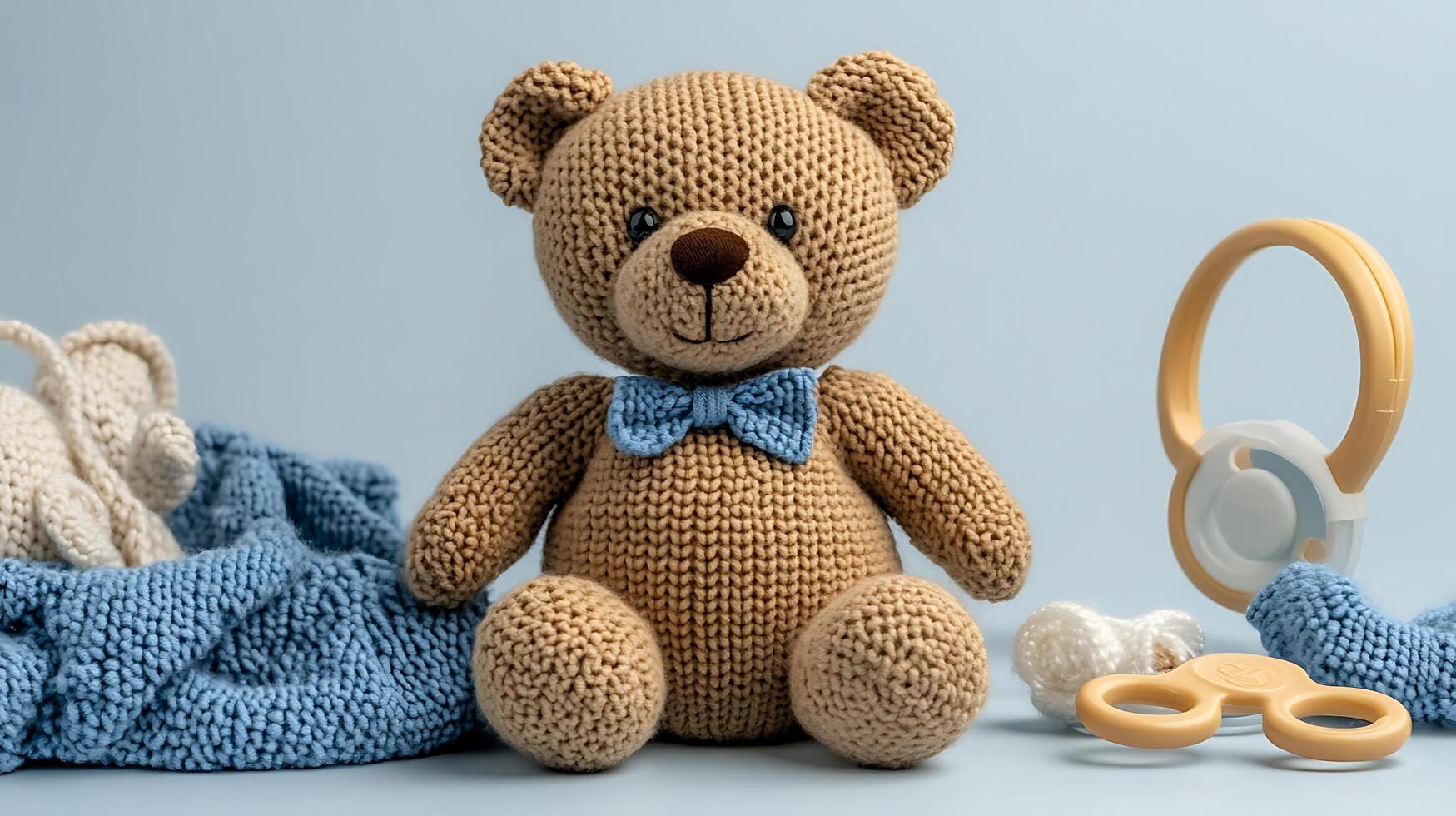 A knitted teddy bear sits next to a blue blanket and a pair of scissors photo