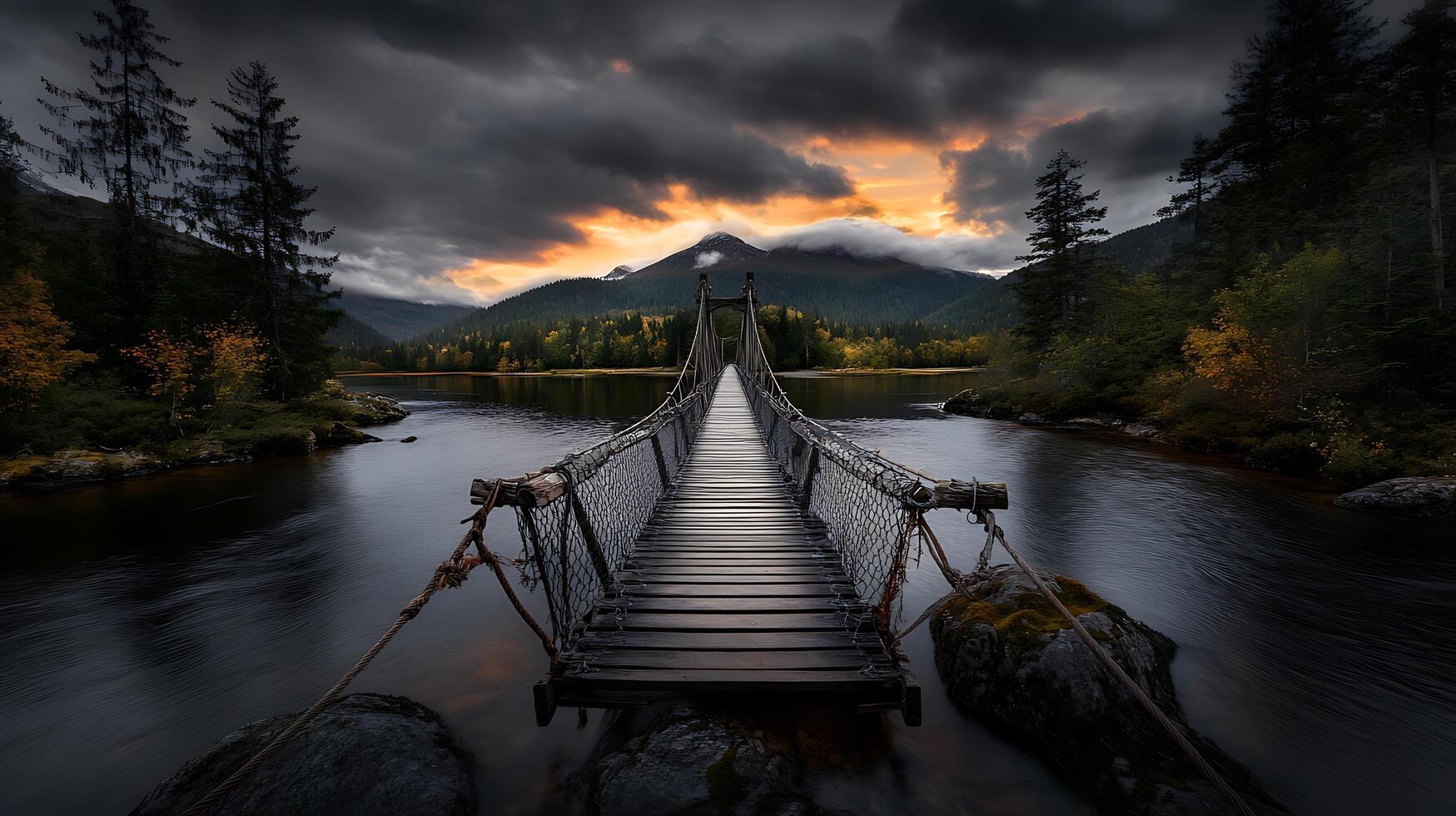A suspension bridge over a river in the mountains photo