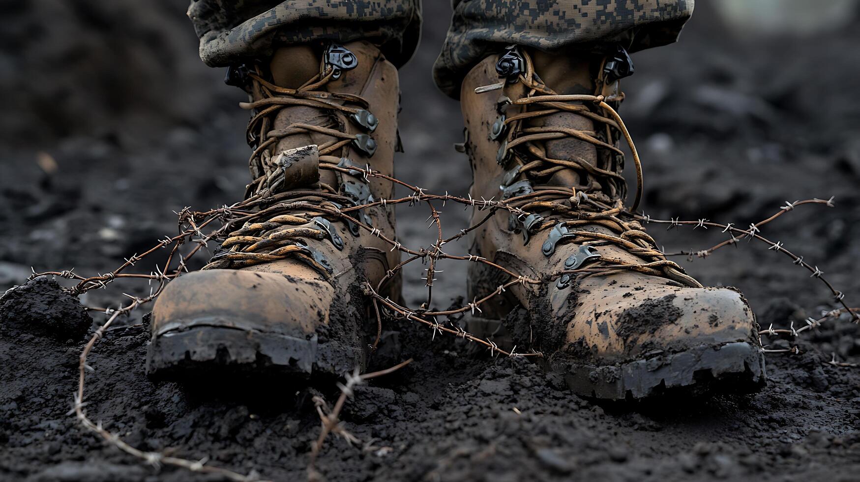 A pair of boots with barbed wire wrapped around them photo