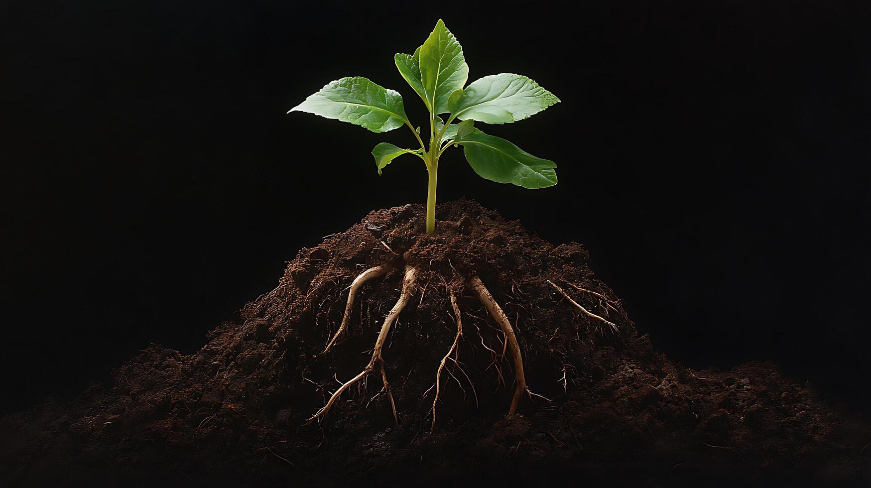 A plant growing out of the ground with roots photo