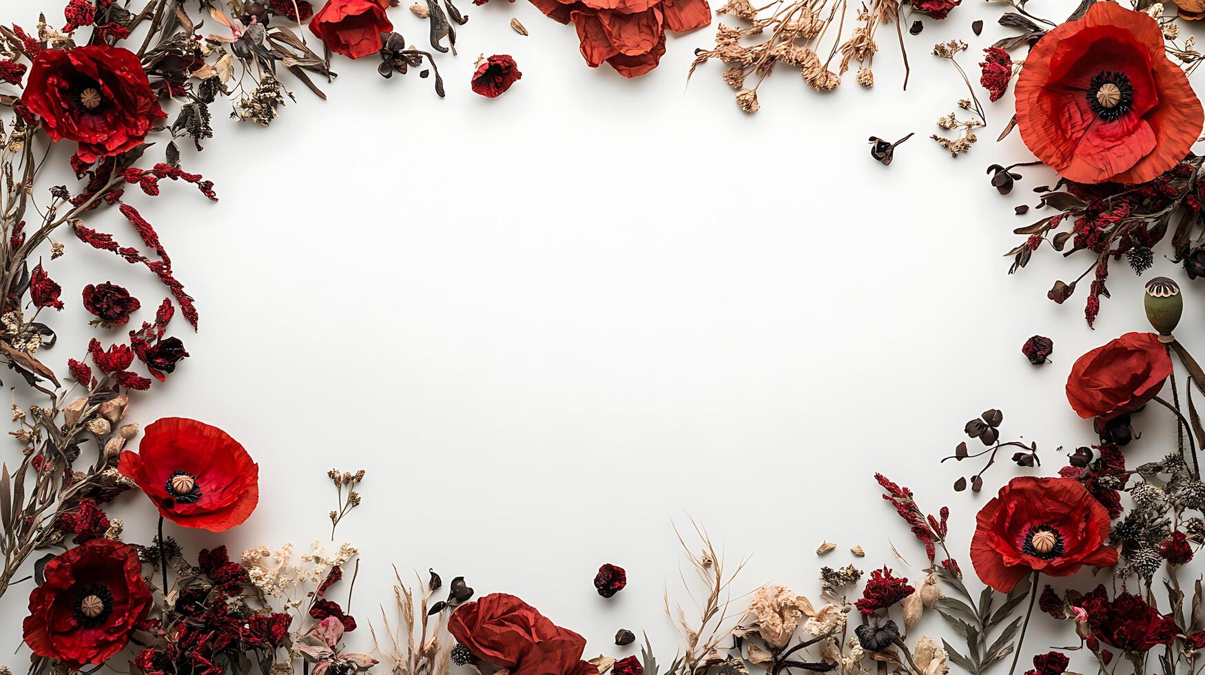 Red poppies arranged in a square frame on a white background photo