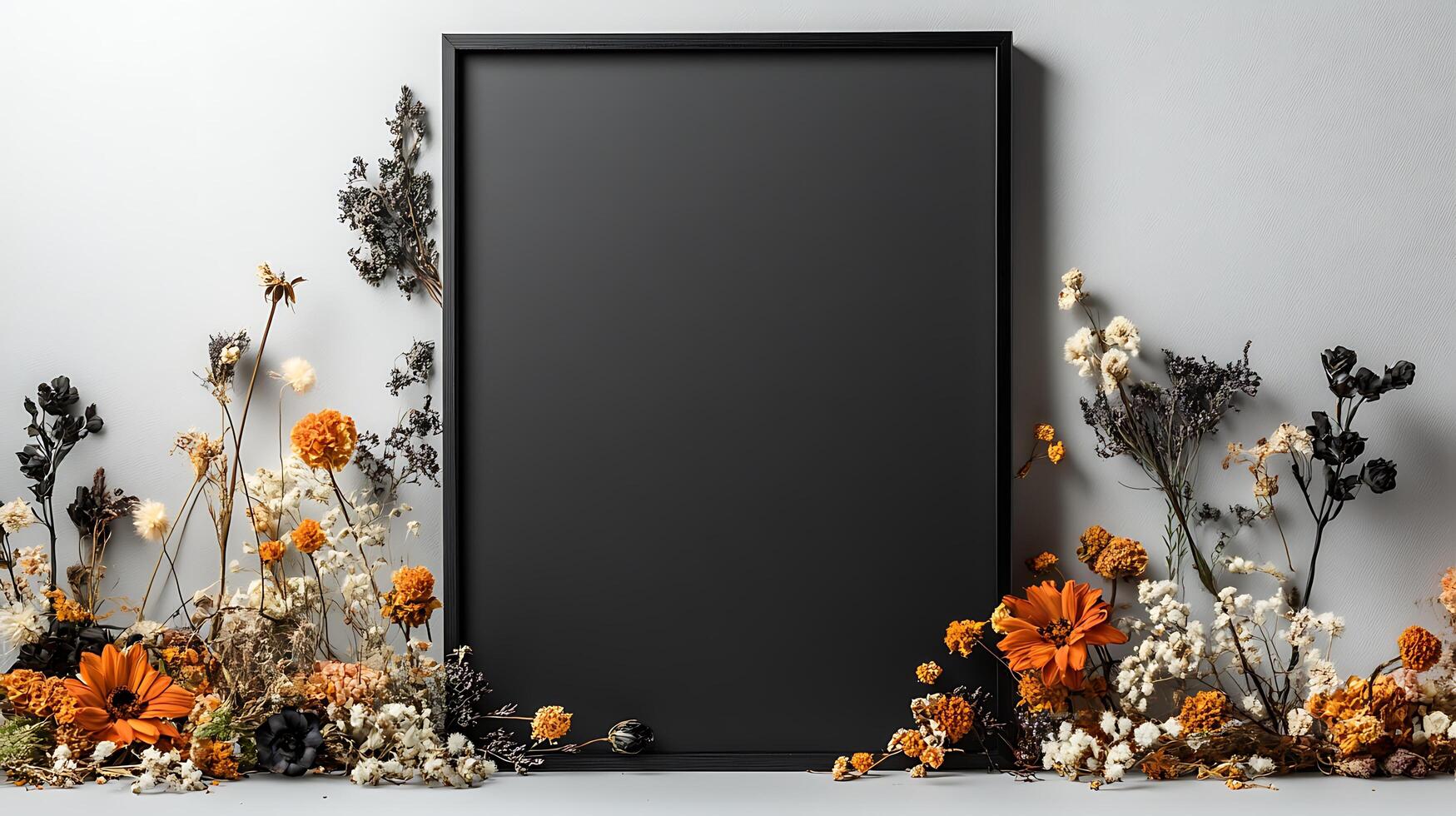Black frame with flowers and dried flowers on a white wall photo