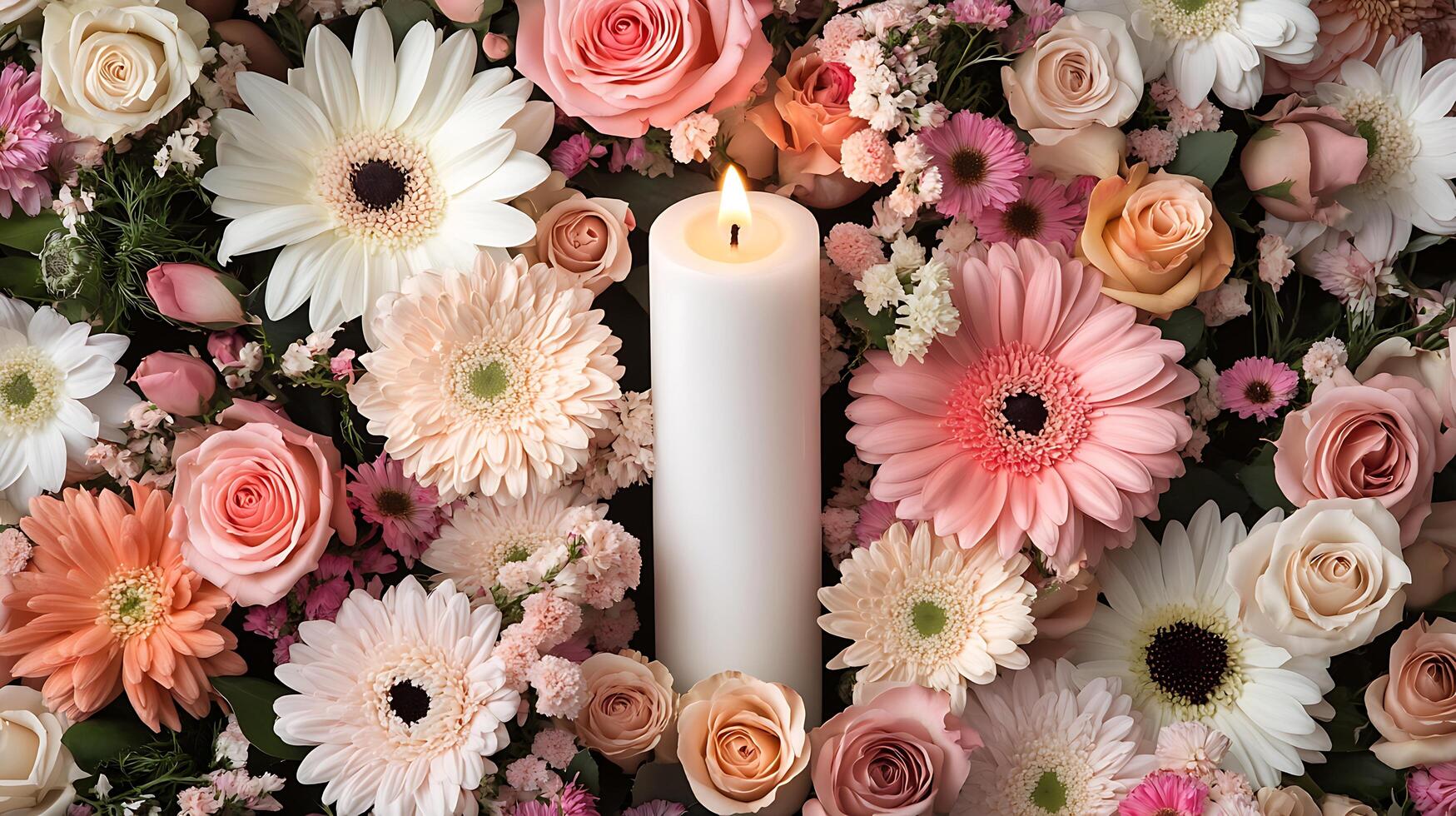 A candle is surrounded by flowers and other items photo
