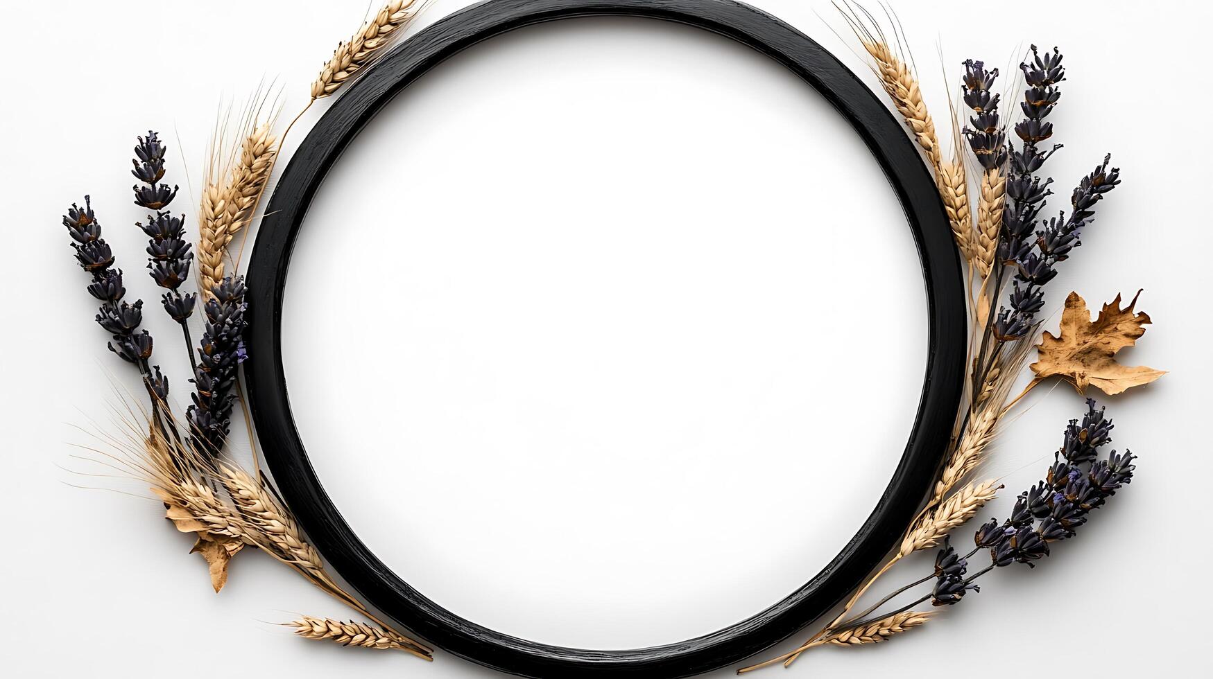 A black oval frame with wheat and lavender flowers photo