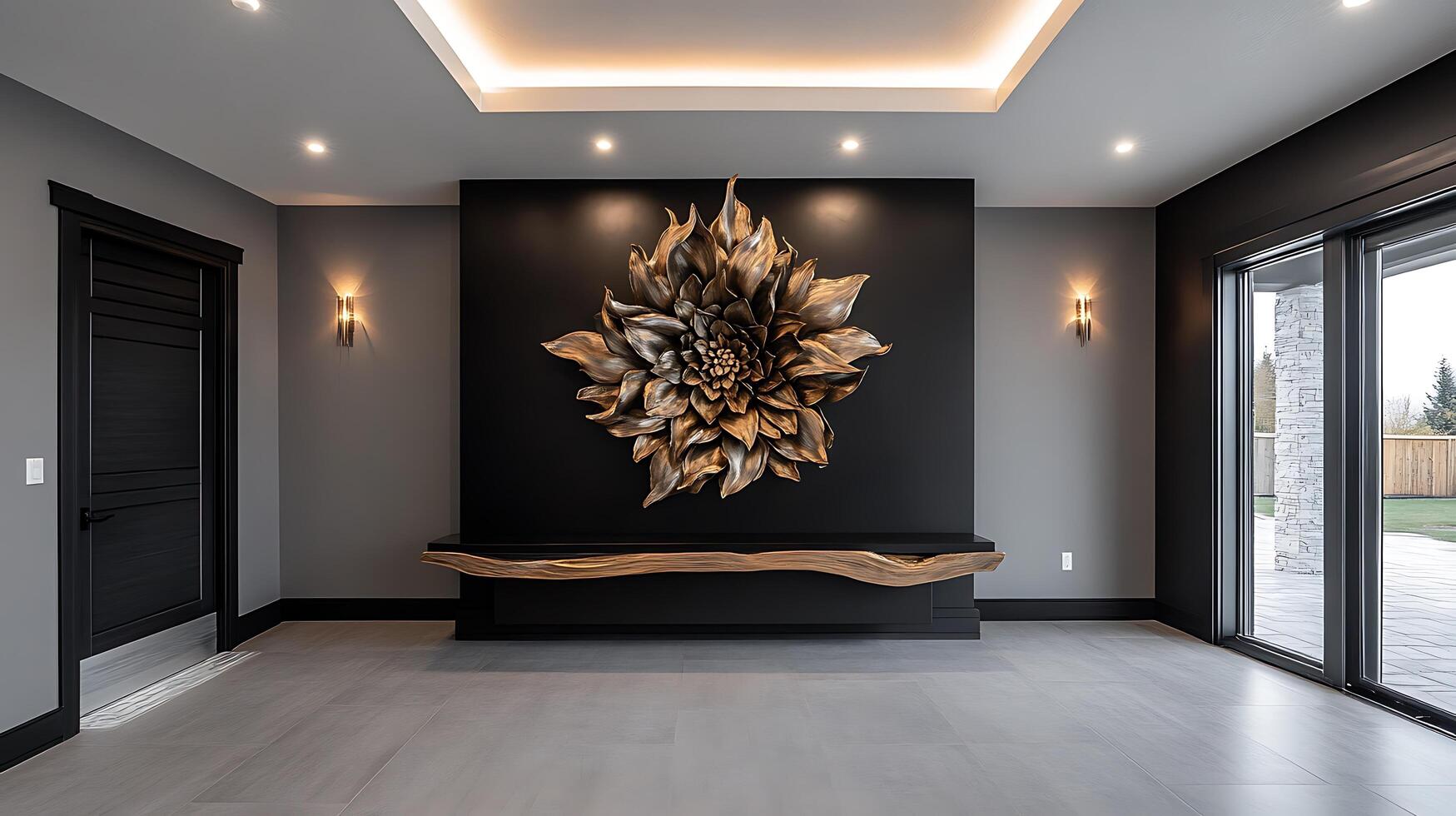 A modern home with a large wall sculpture photo