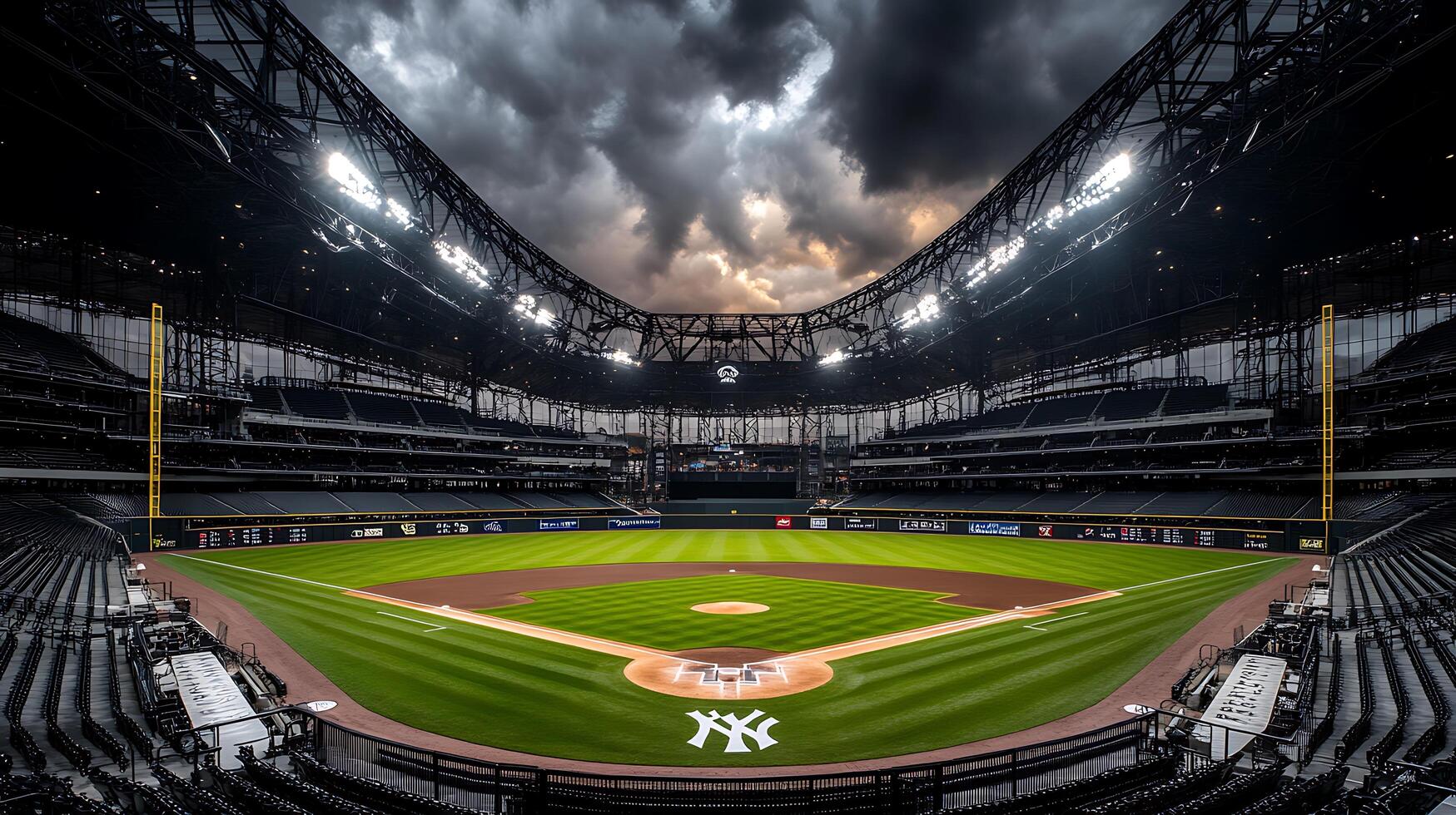 A baseball stadium with a dark sky and a baseball field photo