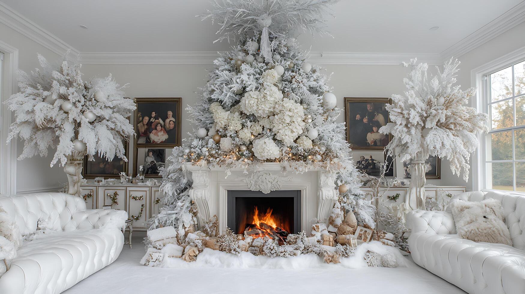 A white christmas tree is sitting in front of a fireplace photo