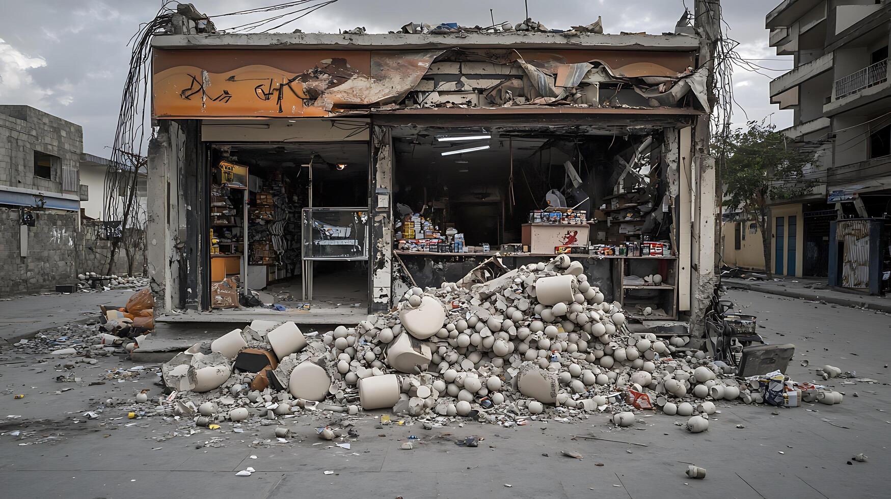 A pile of broken glass and other debris in front of a store photo