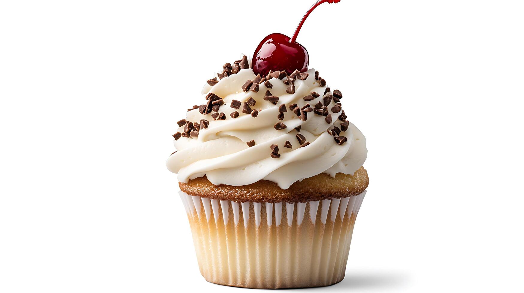 A cupcake with white frosting and a cherry on top photo
