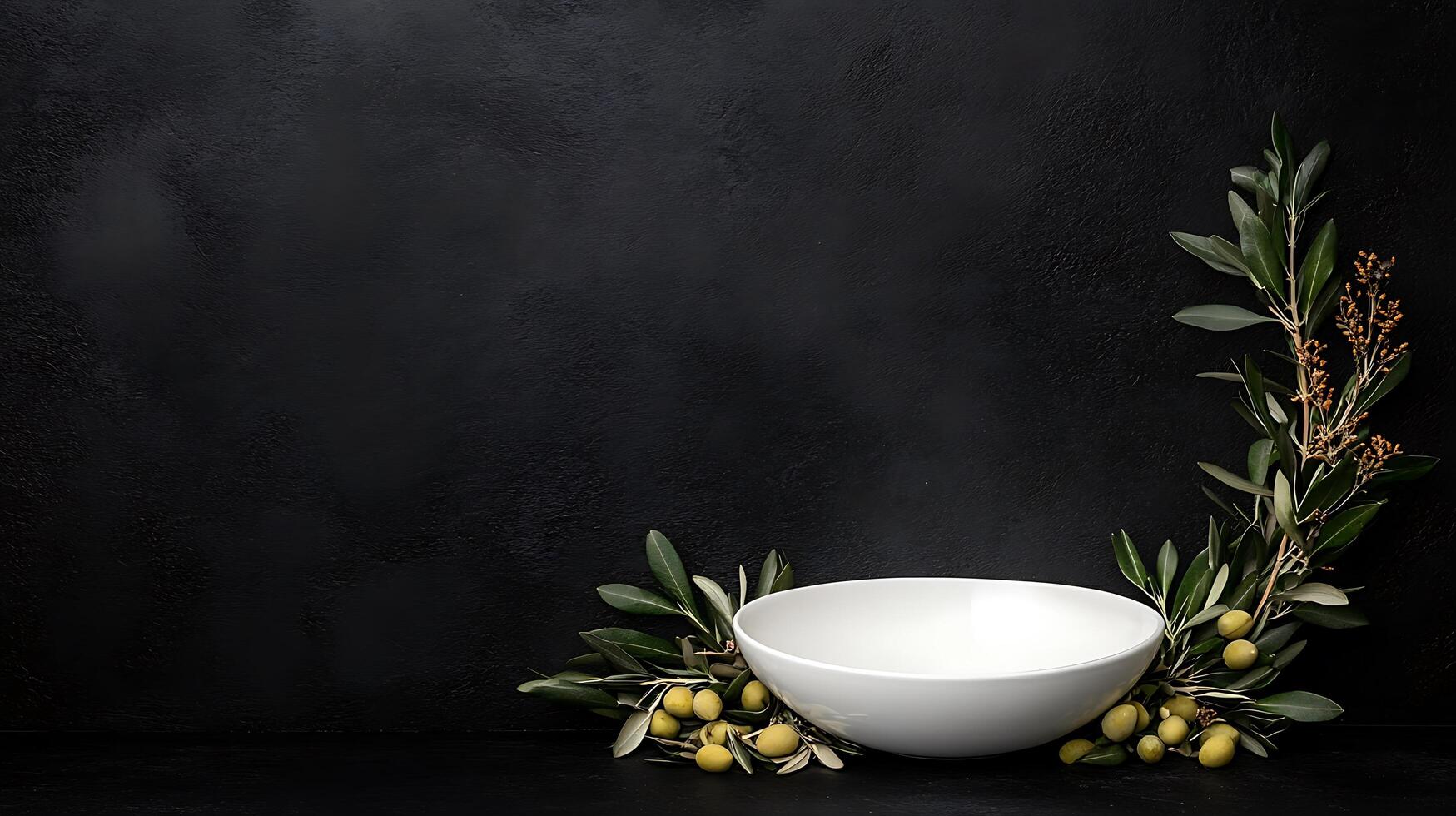 Olive branch and bowl on black background photo