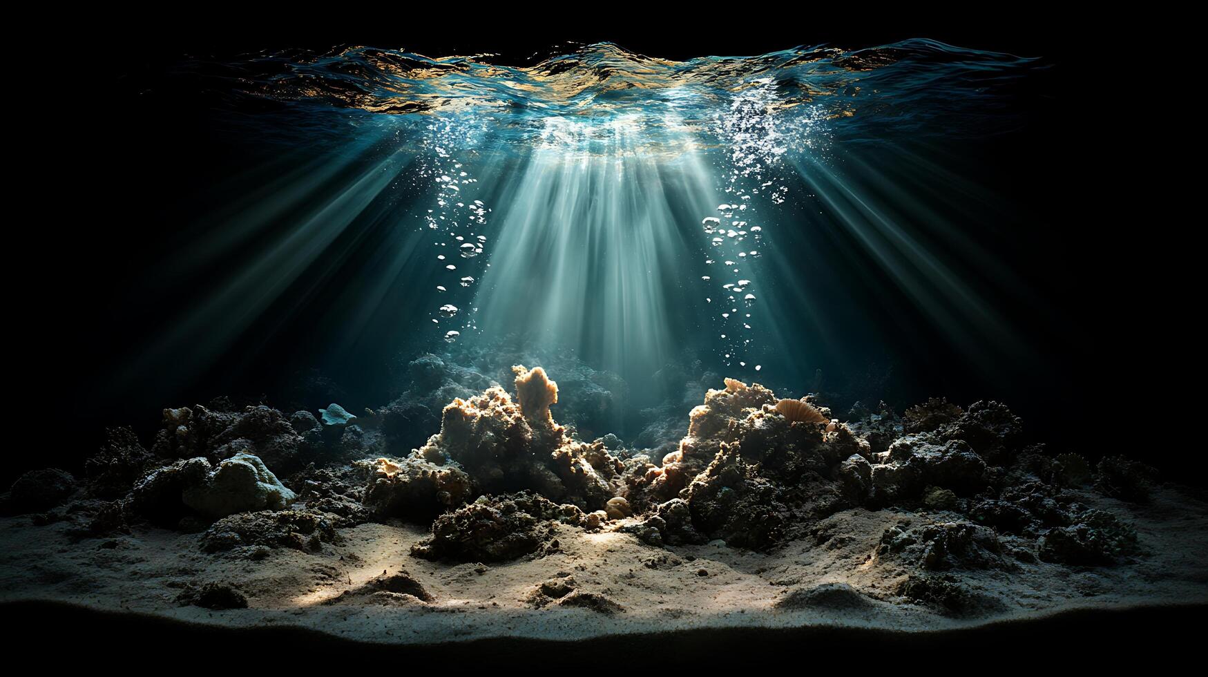 Underwater scene with rays of light shining through the water photo