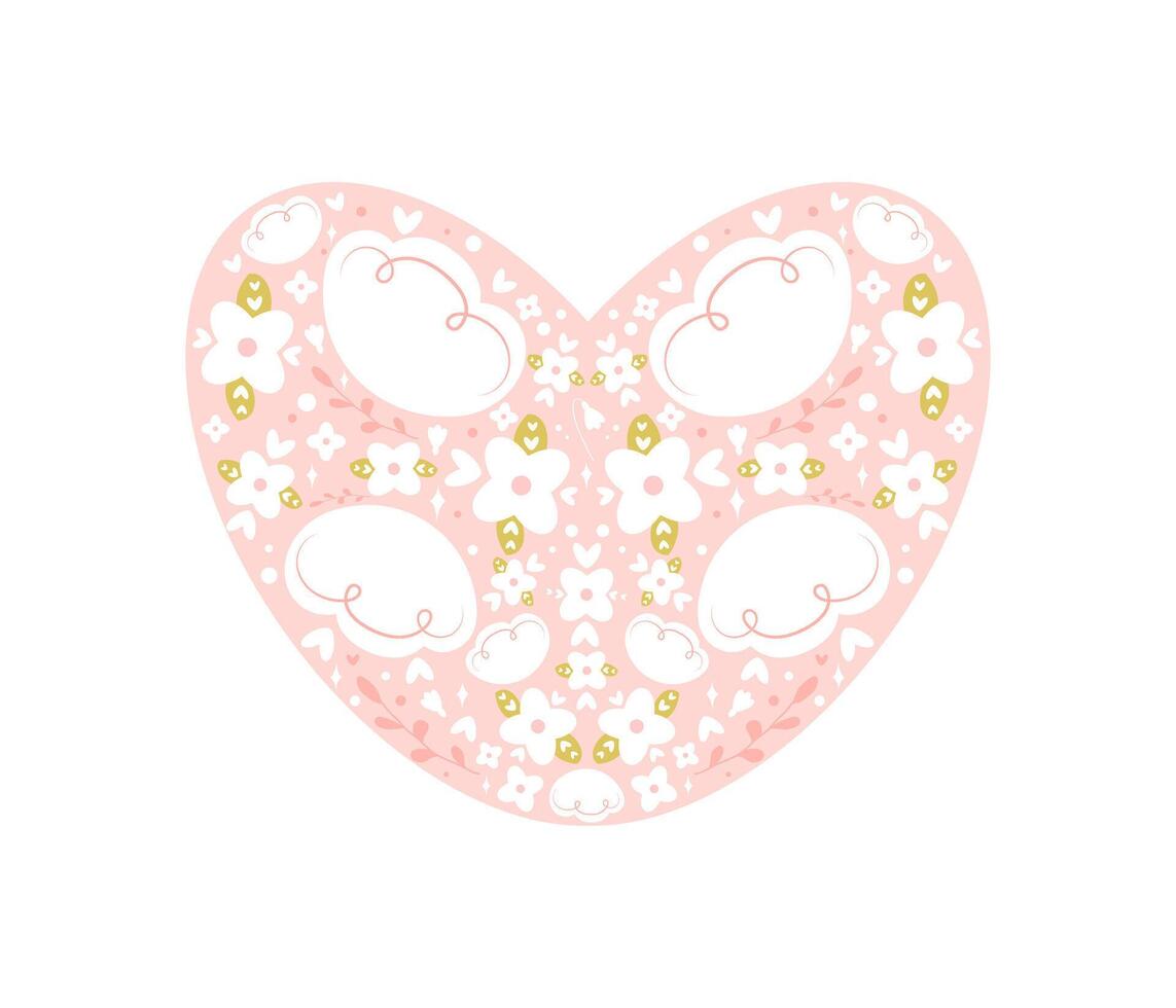 Cute floral heart isolated on white background. Flowers inside heart shape. Hand drawn flat cartoon illustration. Girly print vector
