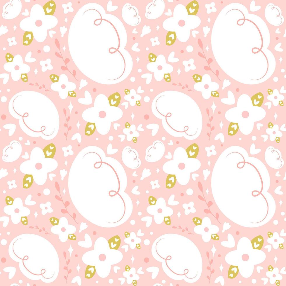 Cute girly floral seamless pattern with flowers, leaves, hearts, abstract shapes on pink background. Girly print. Perfect for wallpaper, nursery, wrapping paper and so on vector