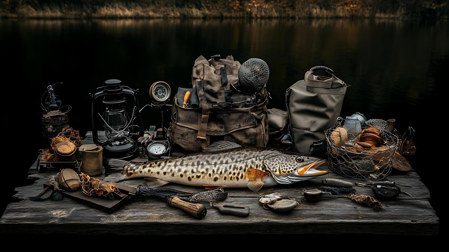 A fish sitting on a table with a bunch of items photo