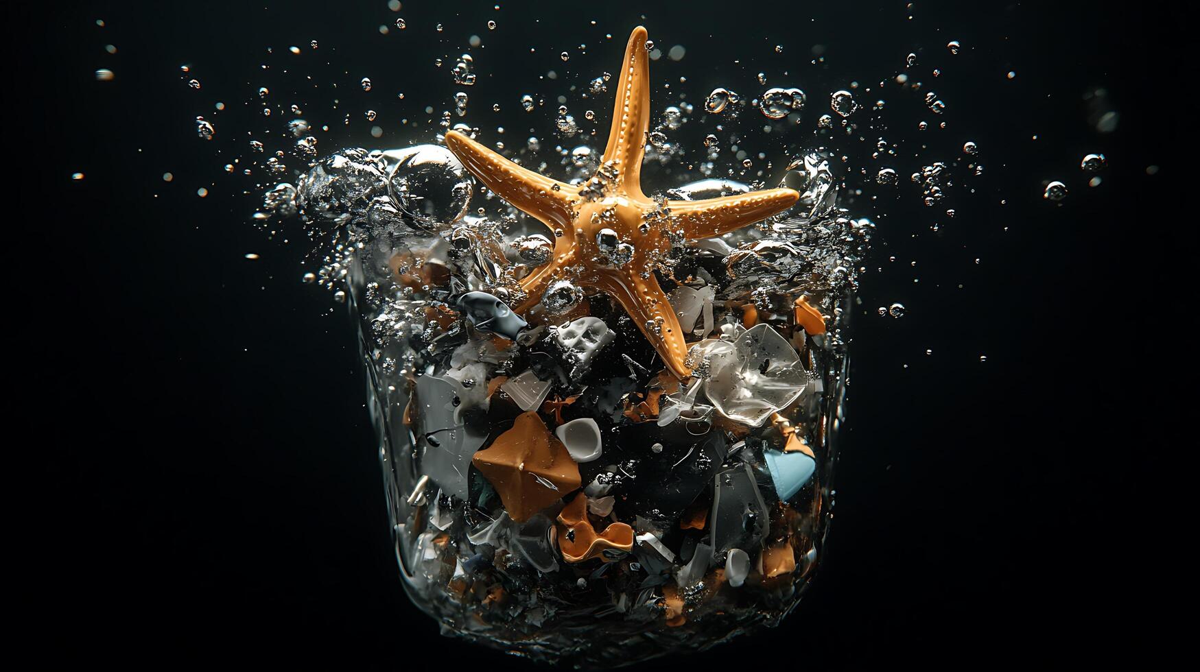 A starfish is floating in a glass jar with water photo