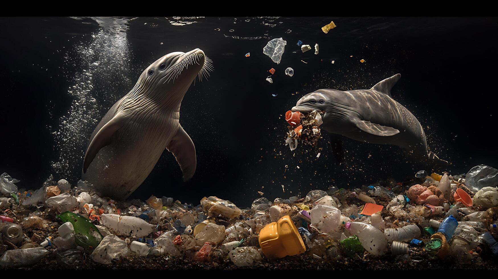 Two dolphins swimming in the ocean with plastic garbage photo