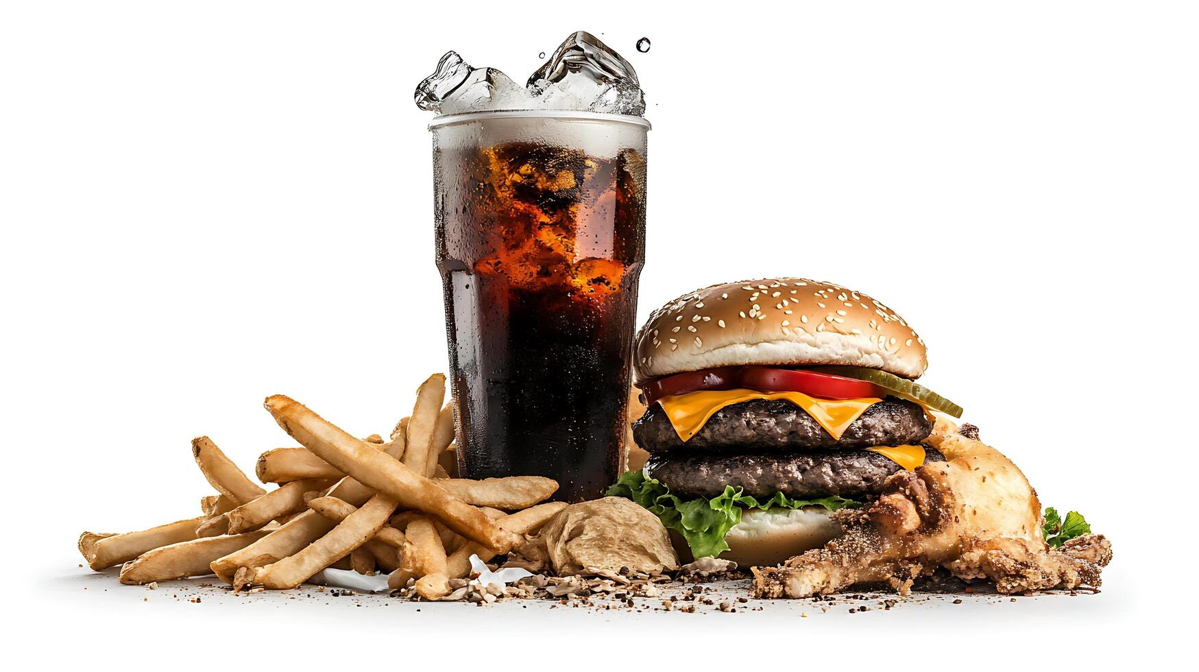 A hamburger, fries and soda on a white background photo