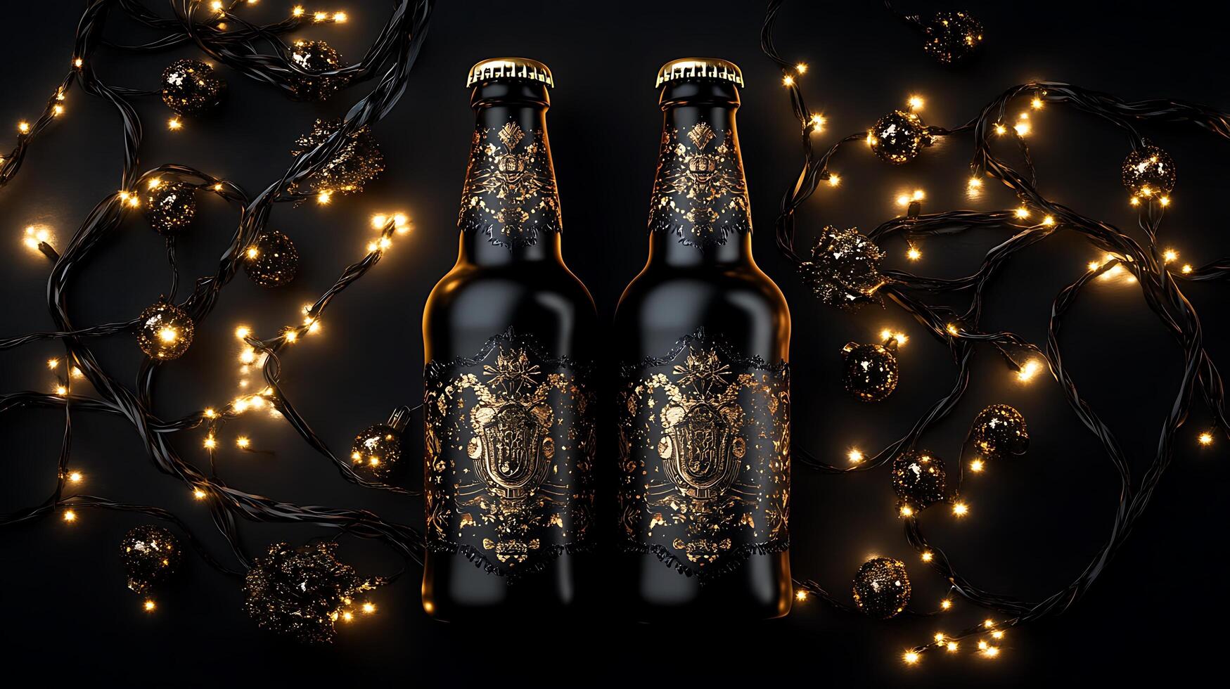 Two bottles of beer with christmas lights on them photo