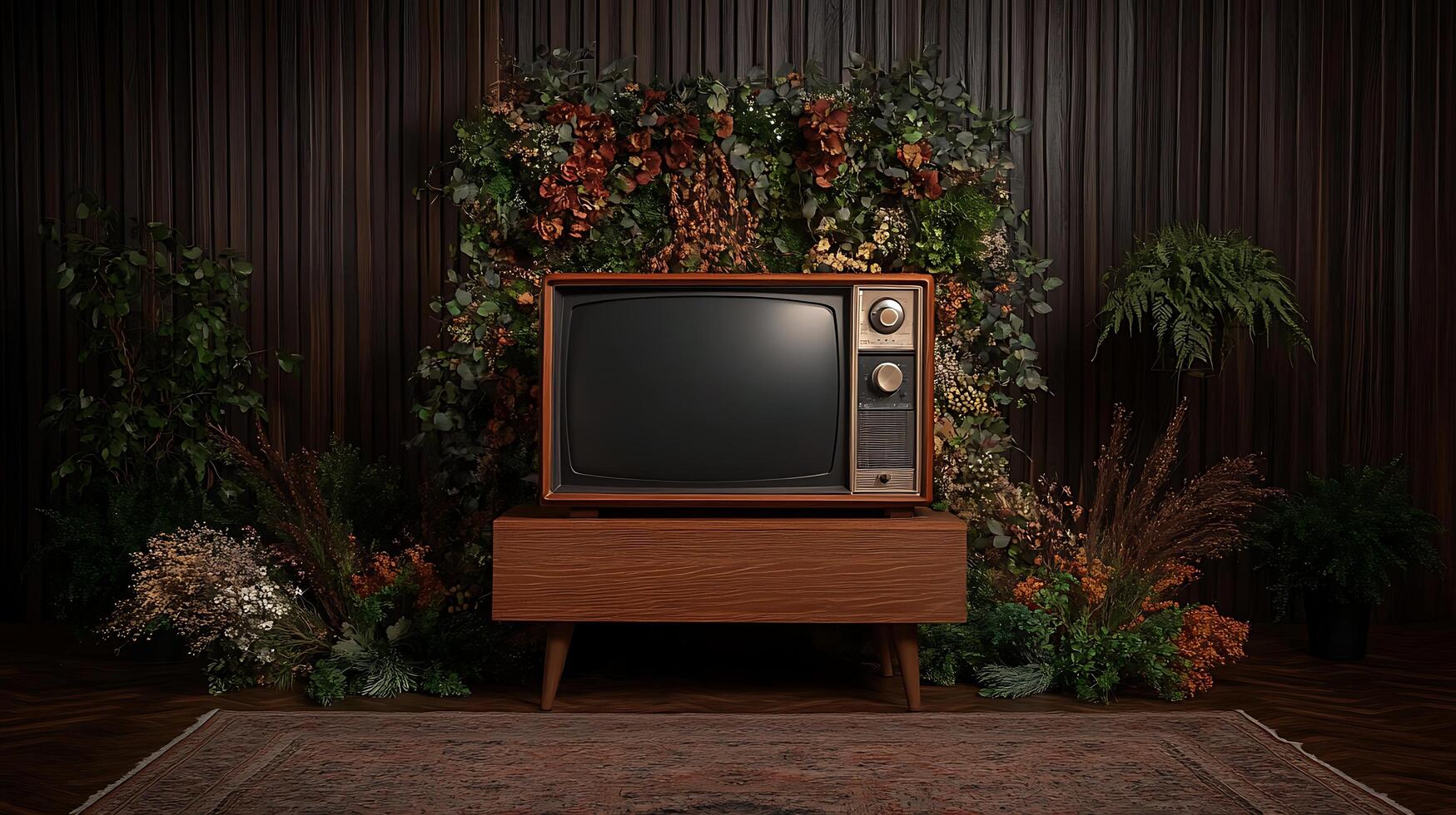An old television sits in front of a wall with plants photo