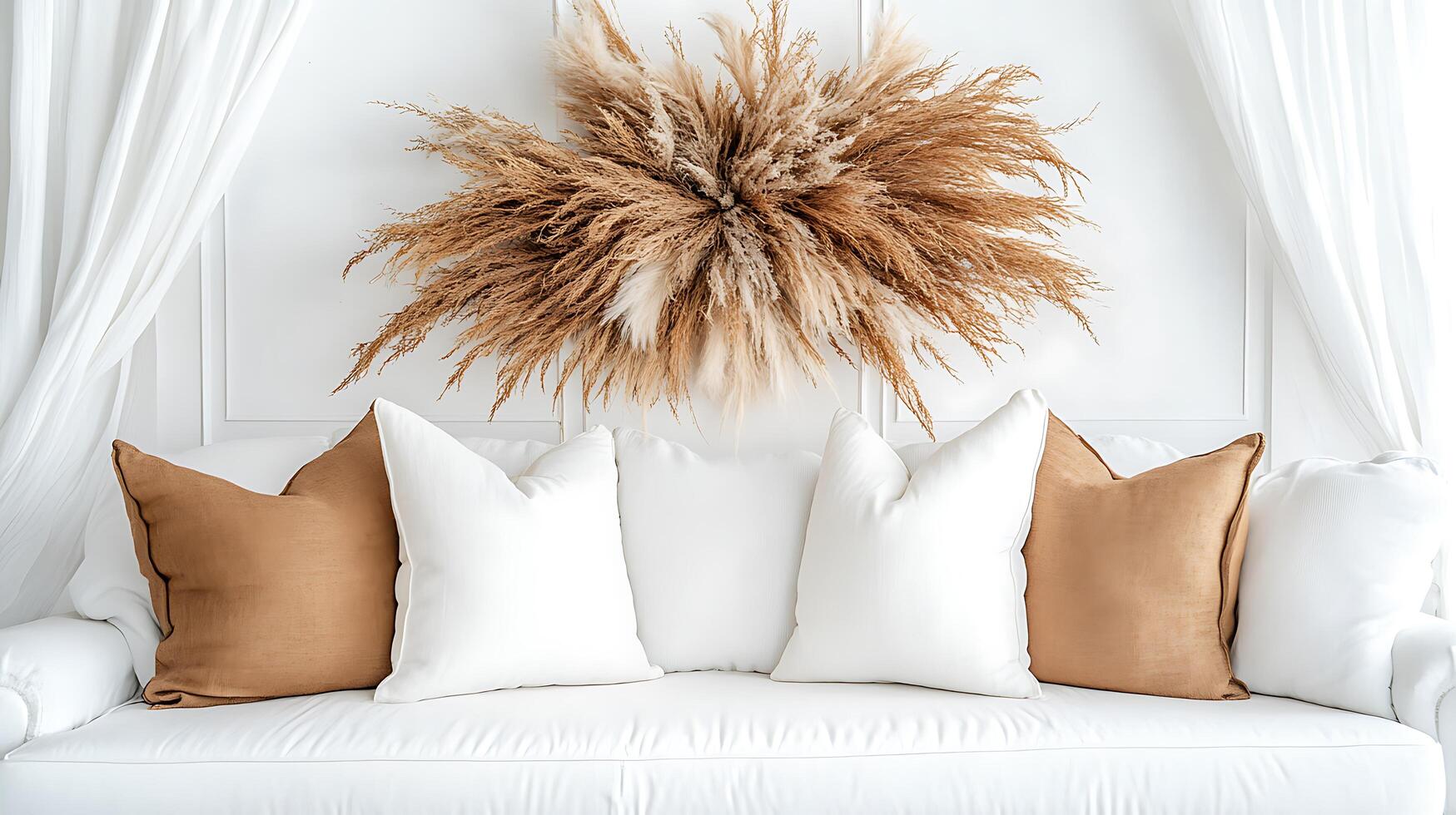 A white couch with pillows and a large pampas grass decoration photo