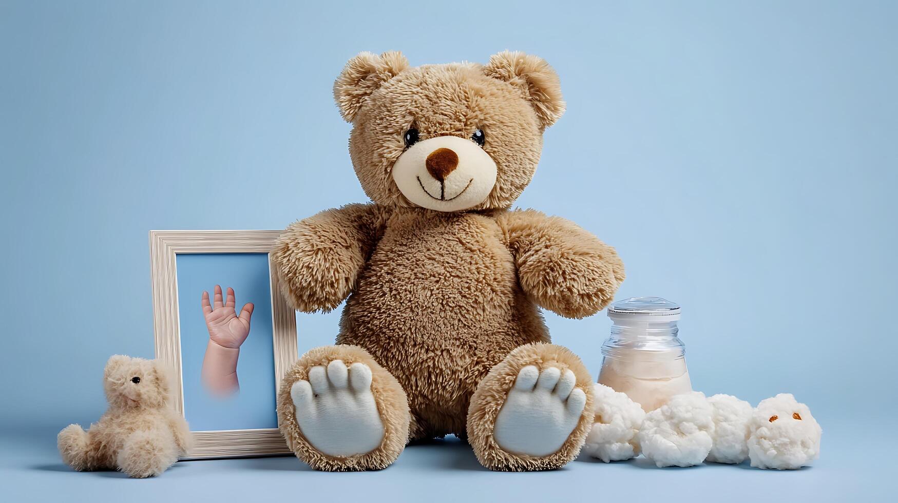 A teddy bear and a baby are sitting next to a picture frame photo