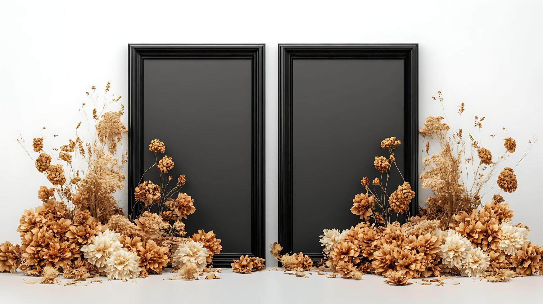 Two black frames with dried flowers on a white wall photo