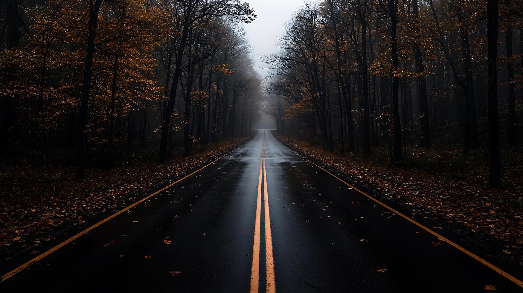 An empty road in the middle of a forest photo