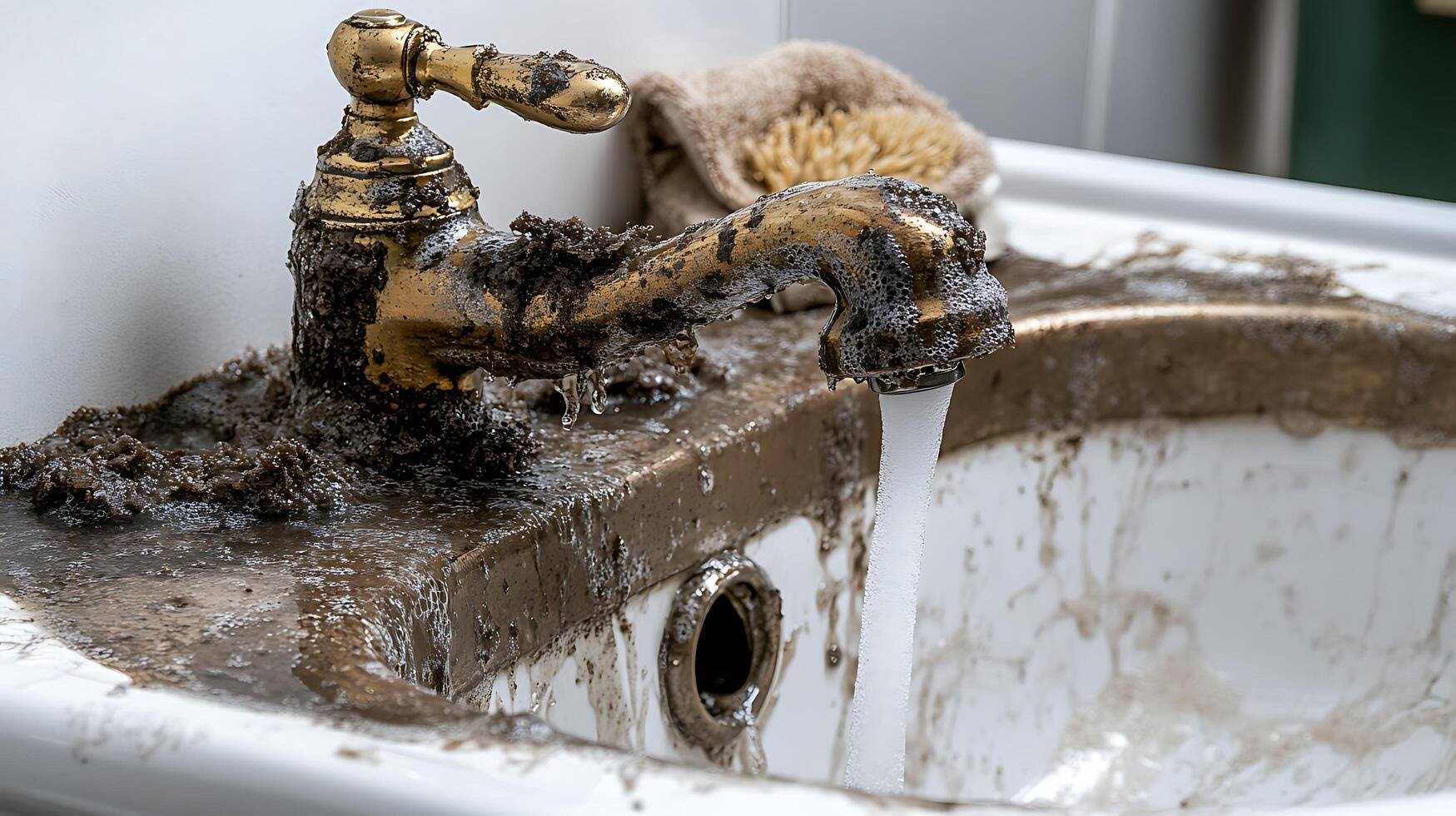 A dirty sink with a dirty faucet photo