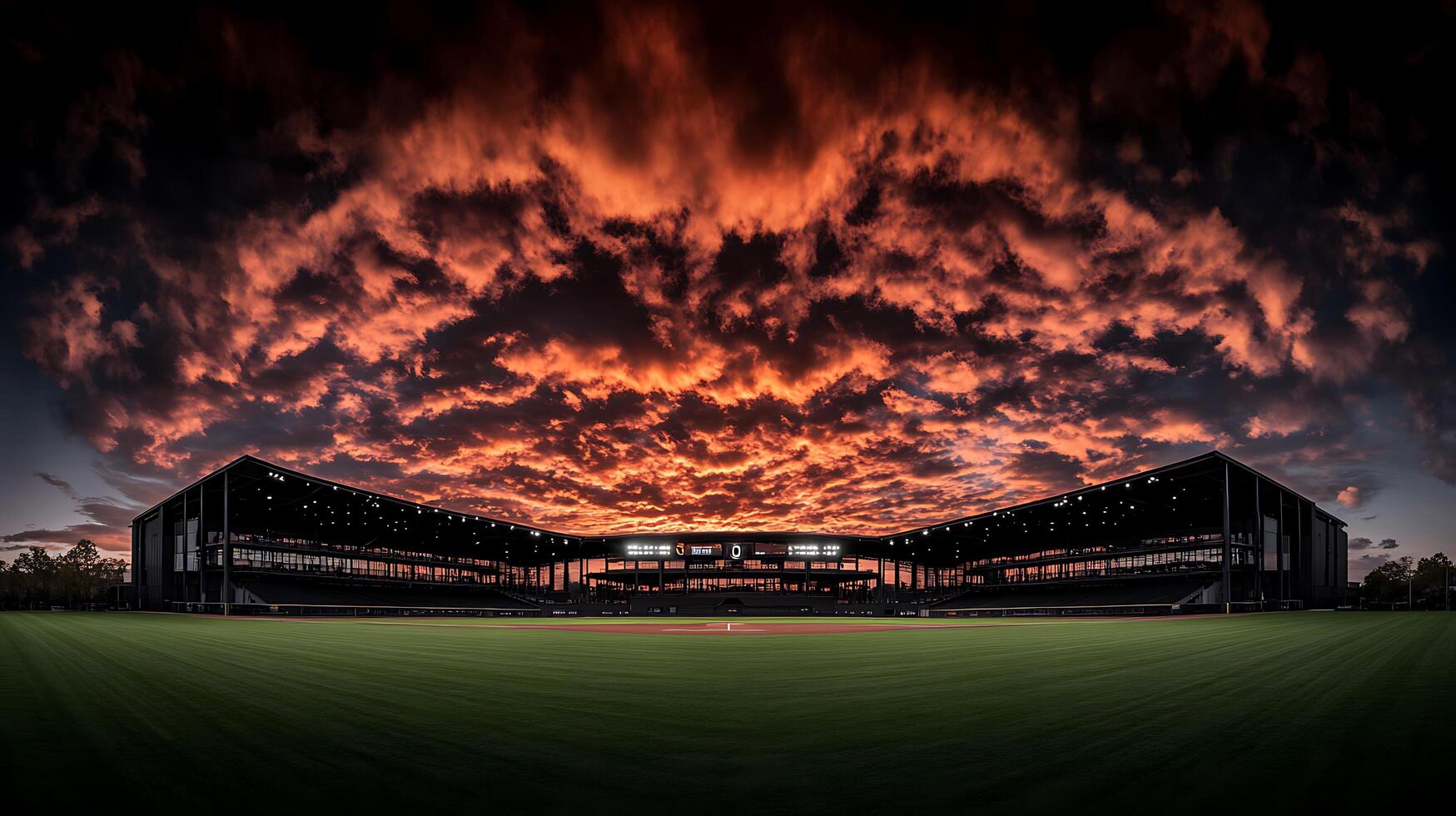 A baseball stadium with a sunset in the background photo