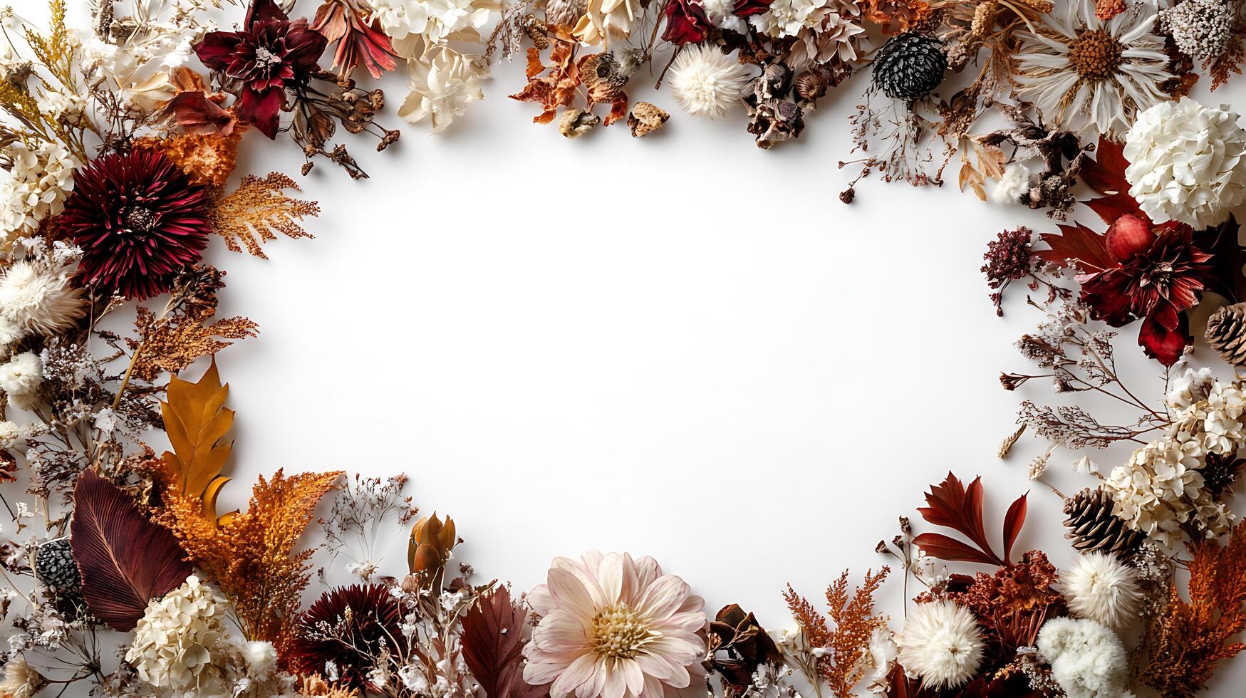 Autumn wreath frame with dried flowers and leaves on white background photo