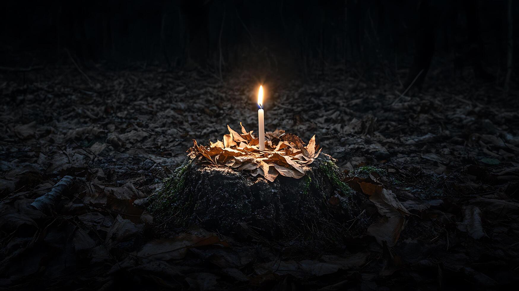 A lit candle sits on top of a stump in the dark photo
